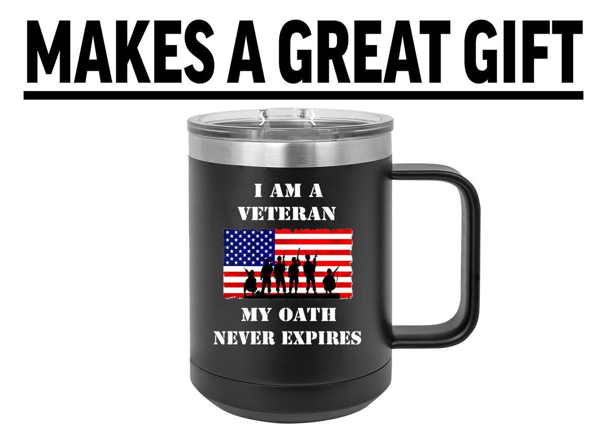USA Tattered American Flag Veteran Oath Heavy Duty Stainless Steel Black Coffee Mug Tumbler With Lid Novelty Cup Great Gift Idea