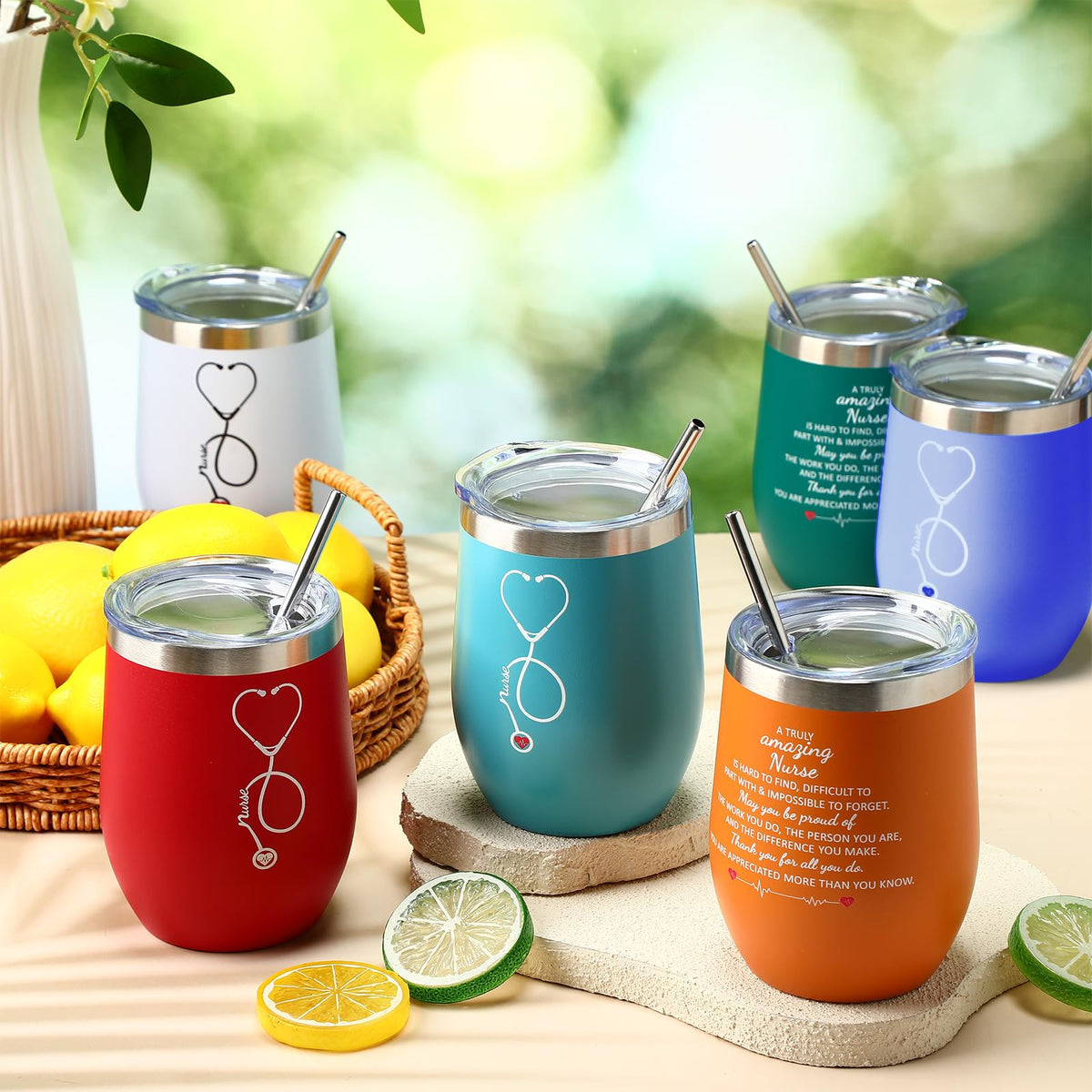 Nurse Week Gifts for Women Nursing Appreciation 12 oz Stainless Steel Wine Tumbler with Lid Insulated Coffee Mug Thank You Gift for CNA RN Students Graduation School (6 Count)
