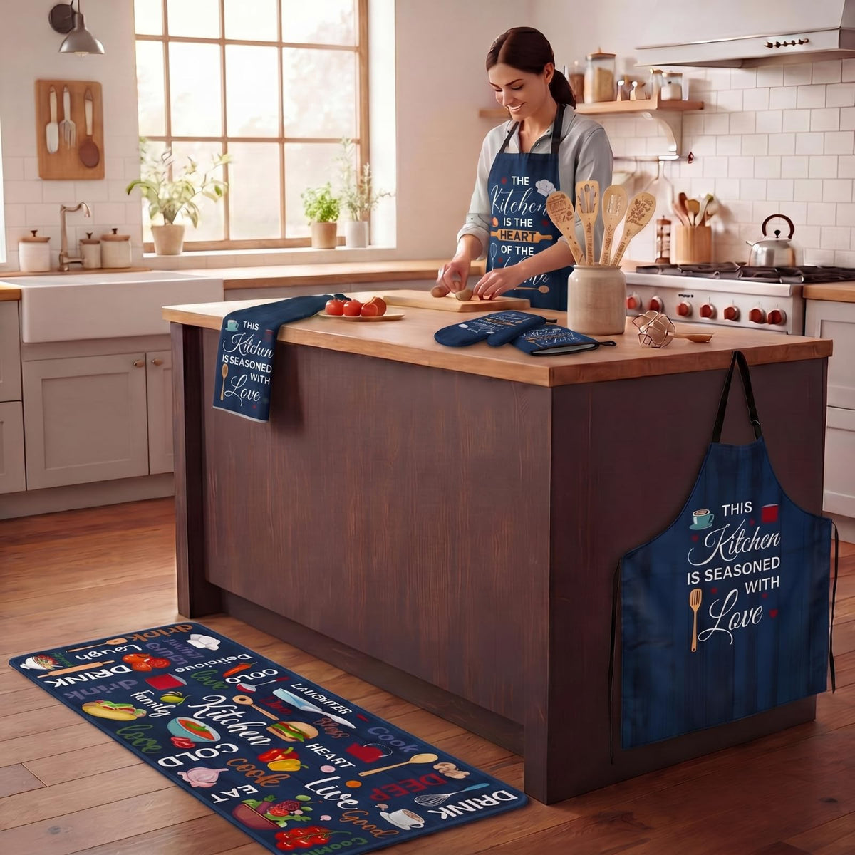 17 Pcs Blue Kitchen Decor and Accessories Blue Farmhouse Kitchen Set Rug and Mat Oven Mitts and Pot Holders Apron Dish Towels Cute Wooden Spoons for Holiday Decoration Home Housewarming Gift (17 Count)