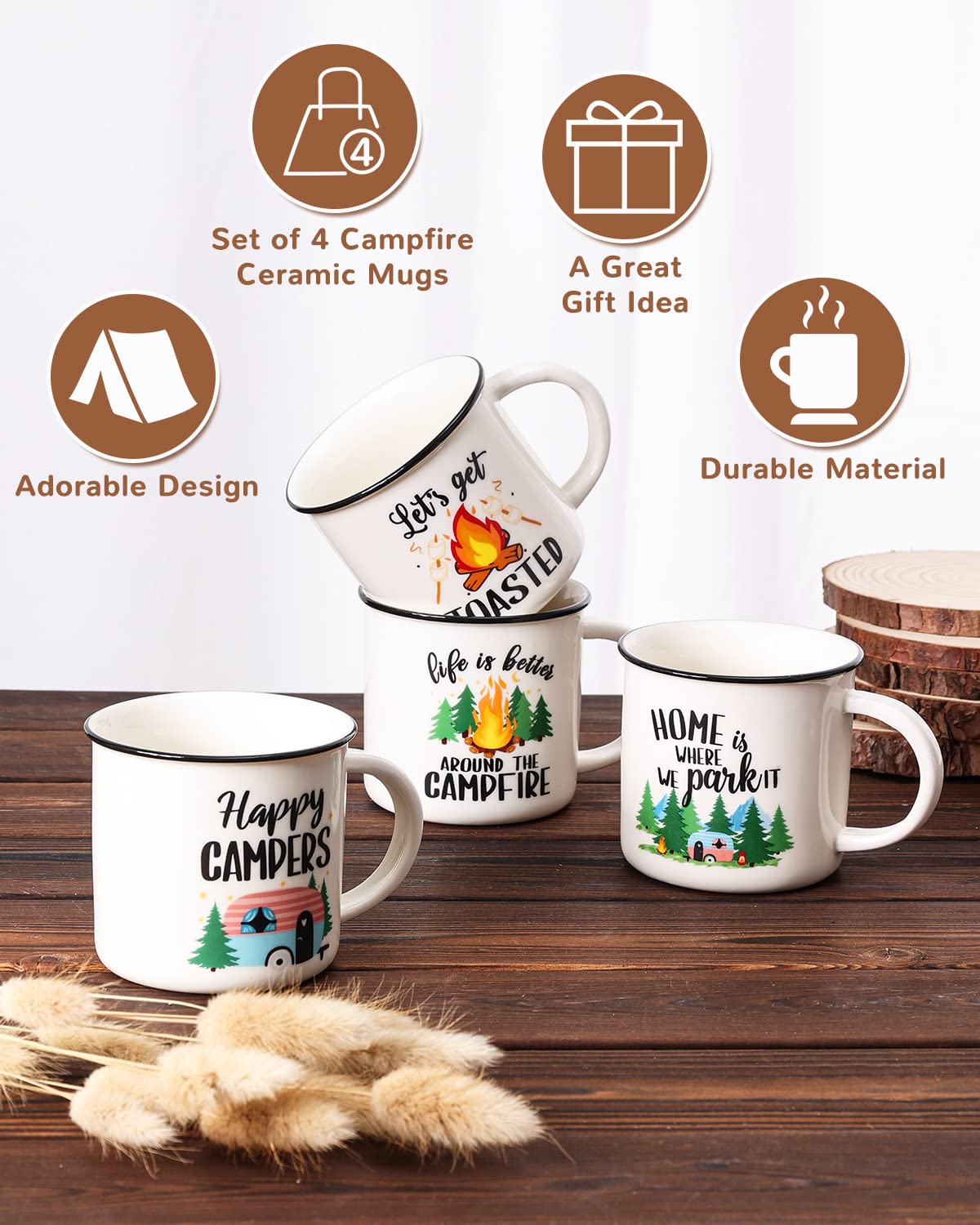 Camping Gifts Ceramic Coffee Mug Set of 4 Happy Campers Tea Cups