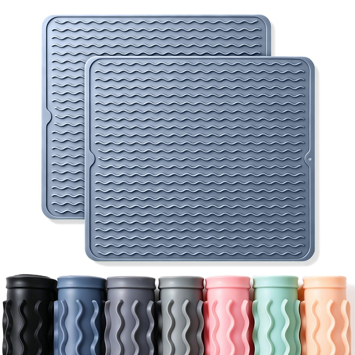 2 Pack Caketime Silicone Dish Drying Mat for Kitchen Counter Multiple Usage for Cooking Grilling Under Sink Office Coffee Accessories Appliances Pioneer Woman Stuff Extra Large 18"x16" Blue