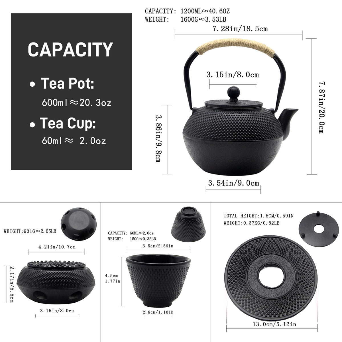 40.6oz Cast Iron Teapot Set with Warmer