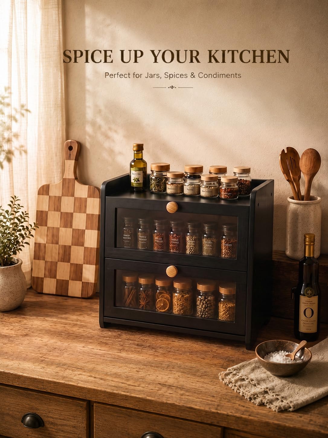 Black Bread Box for Kitchen Countertop