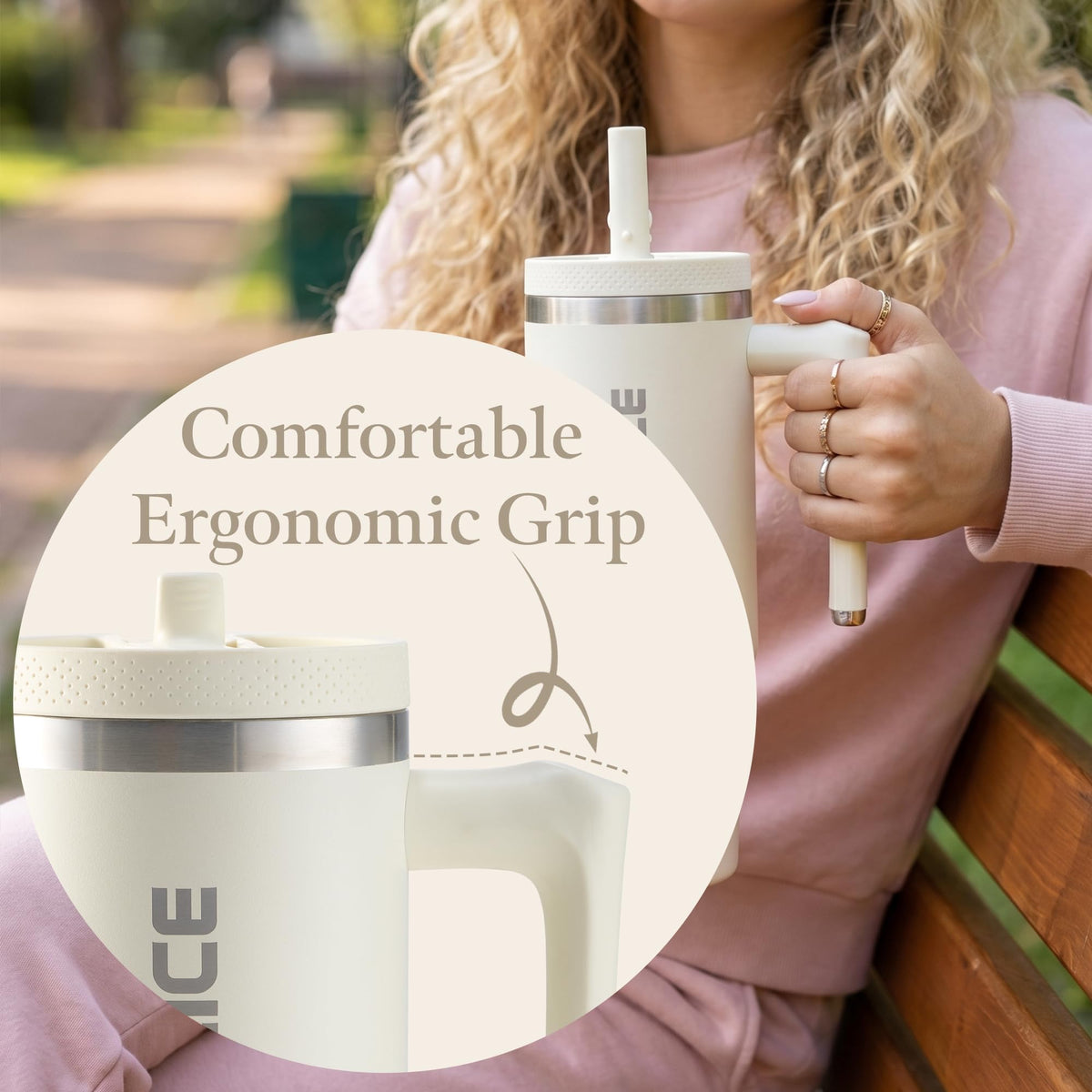 Cream 30 oz Insulated Tumbler with Handle Coffee Tumbler Cups with Lid and Straw