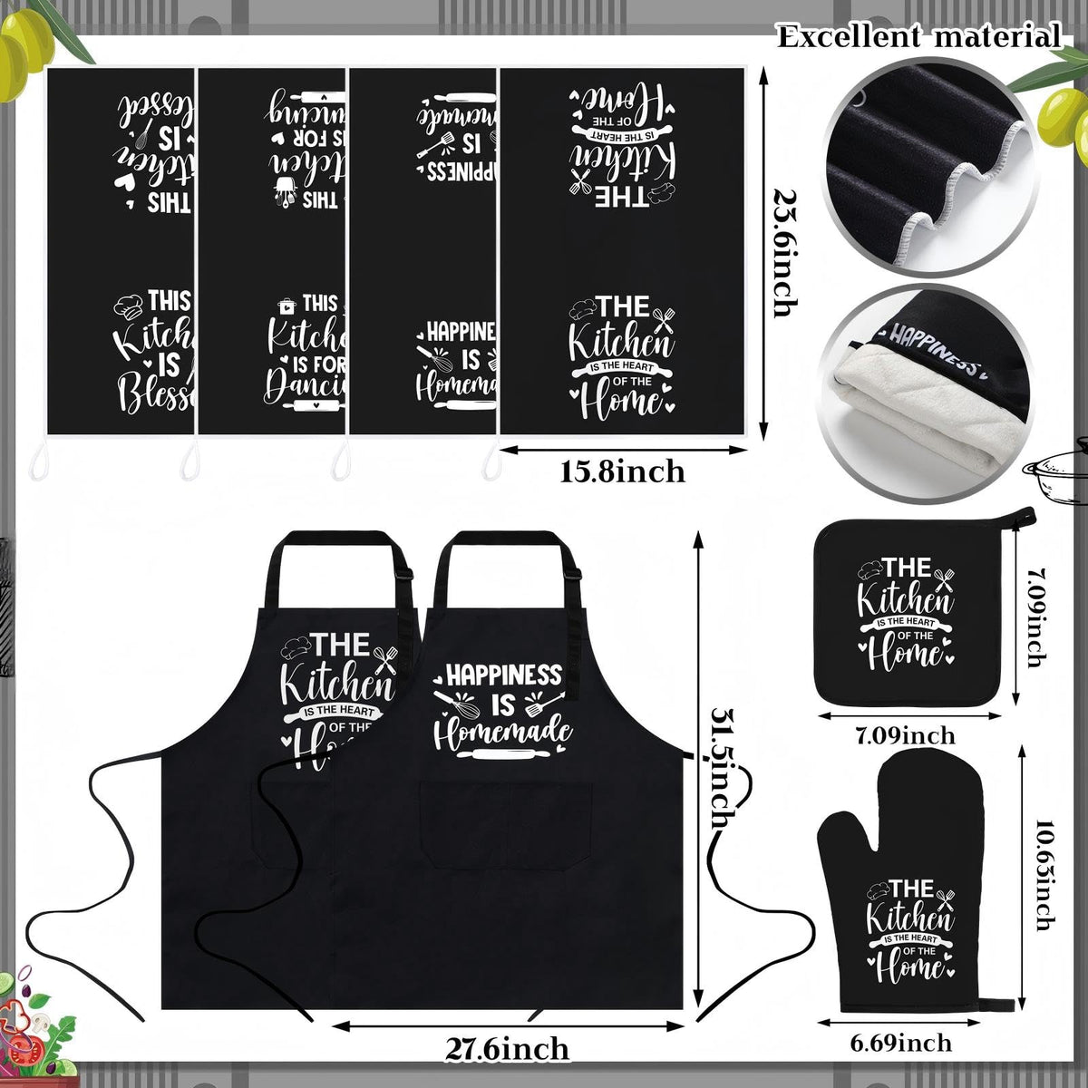 17 Pcs Black and White Kitchen Decor and Accessories Black and White Kitchen Rug and Mat Oven Mitts and Pot Holders Apron Dish Towels Cute Wooden Spoons for Home Decor Housewarming Gifts (17 Count)