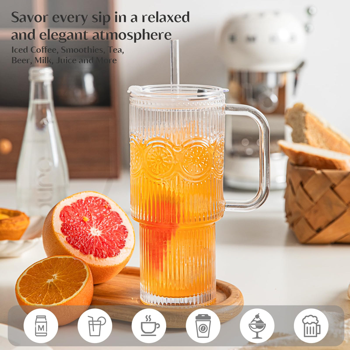 24 oz Ribbed & Floral Glass Tumblers with Handle and Lid