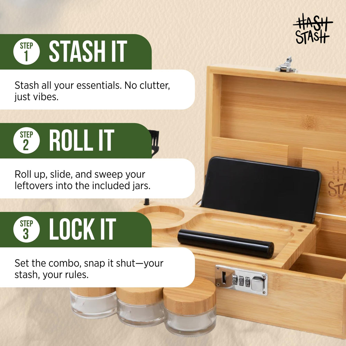 OG Large Bamboo Storage Box with Combination Lock & 3 Jars
