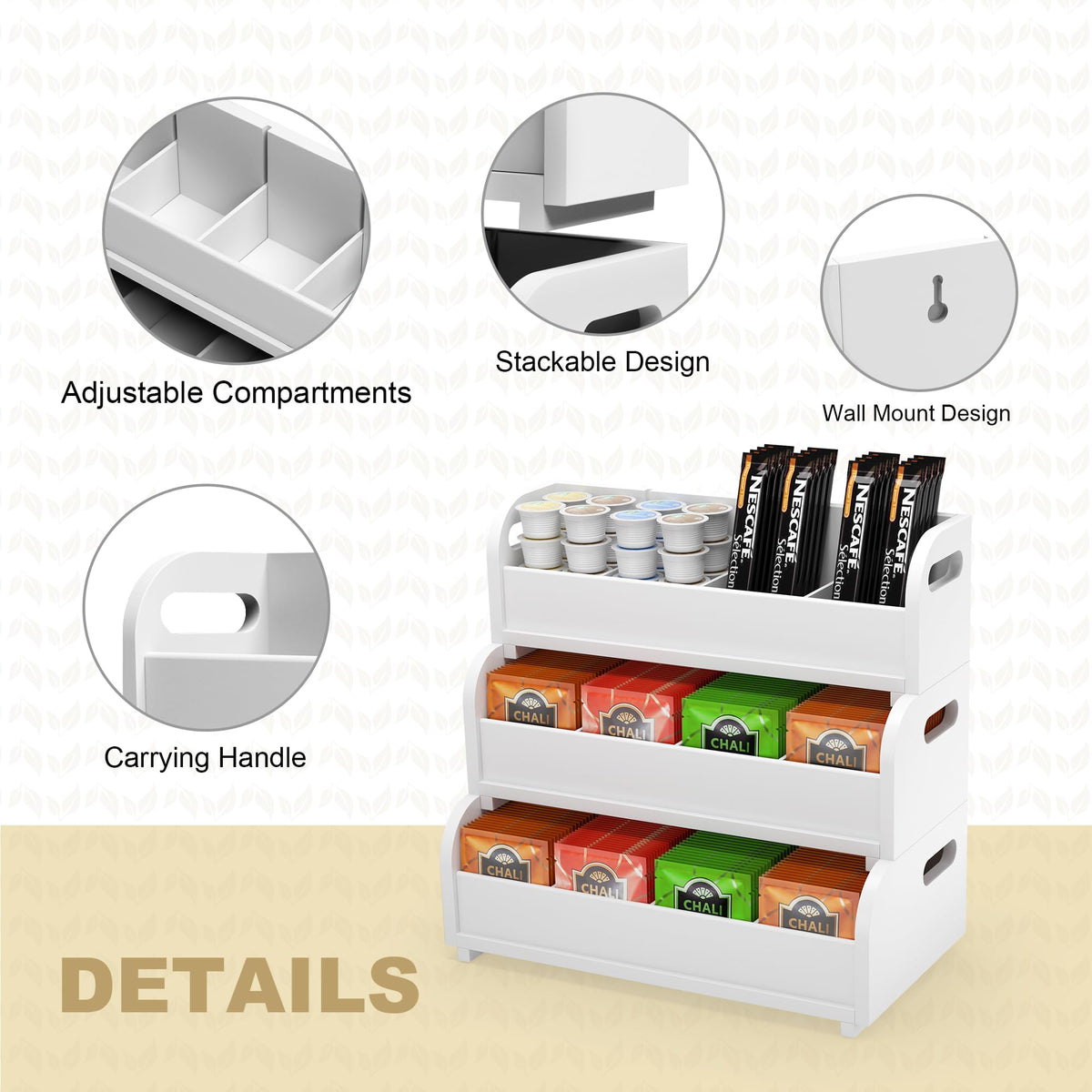 3 Tier Bamboo Tea Box Rack with Removable Dividers