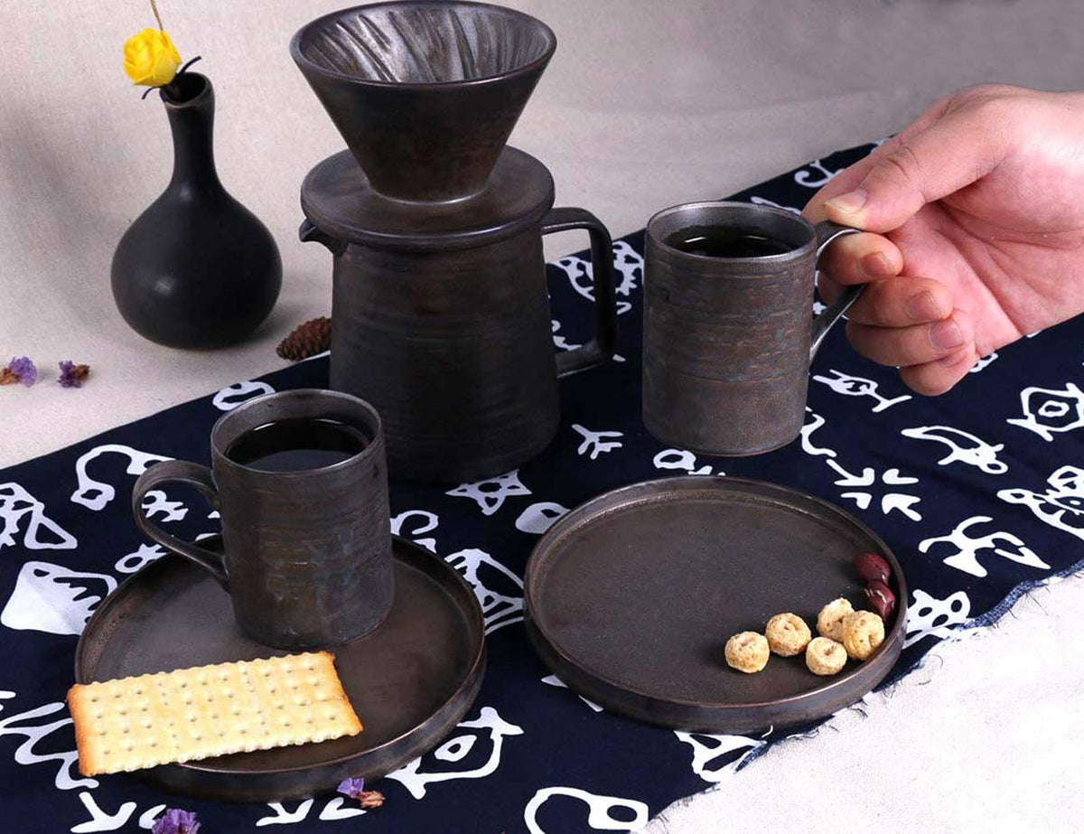 Handmade Stoneware Pour Over Drip Coffee Maker & Cups Set