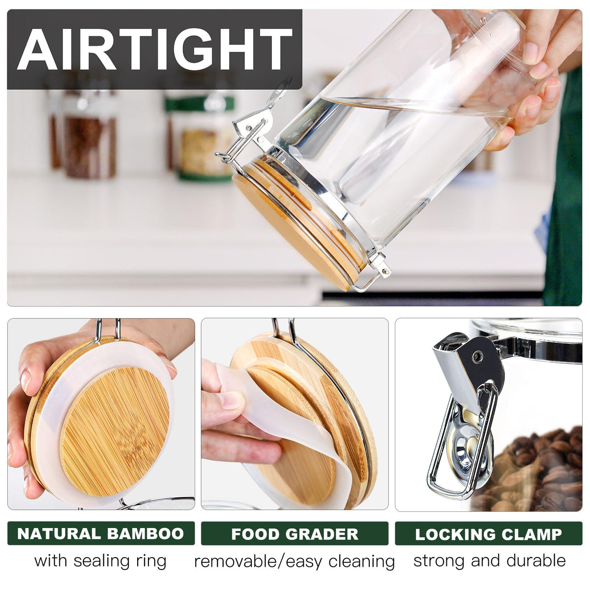 KKC Glass Coffee Jar Set of 3 with Bamboo Lids & Spoons (3 Count)