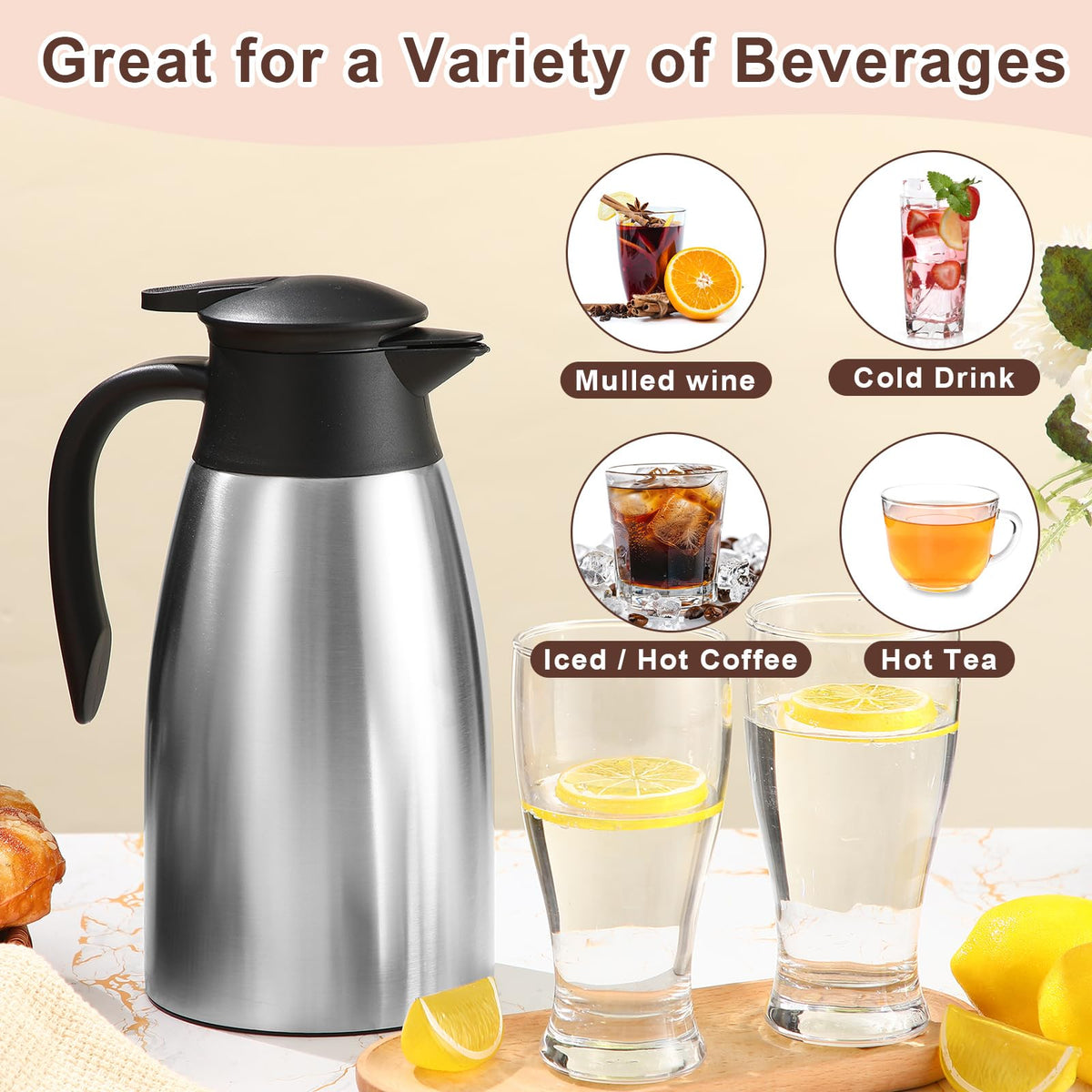 2 Pcs Thermal Coffee Carafe Insulated Stainless Steel Coffee Carafe for Hot Liquid Vacuum Thermal Pot Creamer Pitcher Dispenser with Brushes Keeping Hot Water Milk (4 Count)