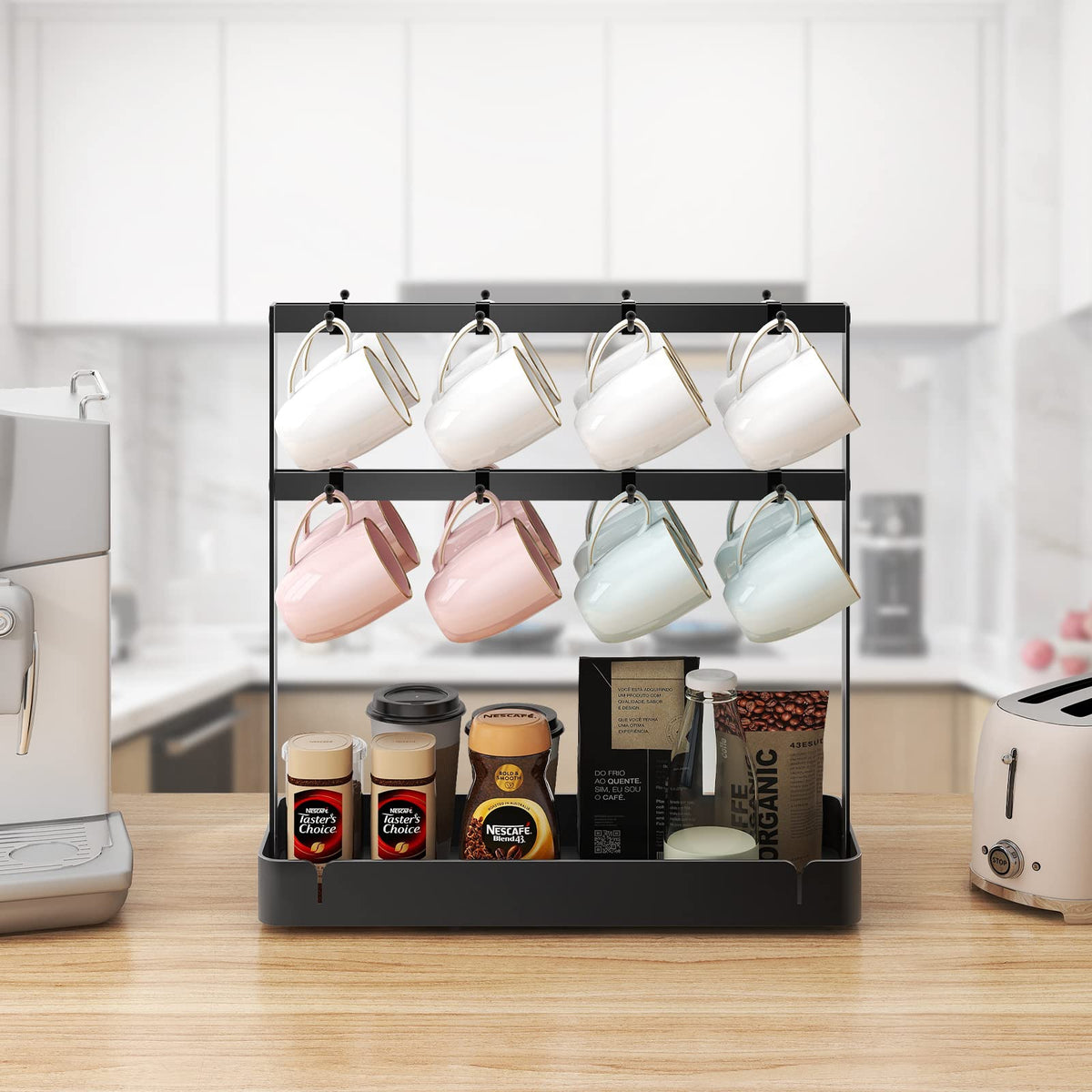 2 Tier Coffee Cup Holder with 16 Movable Hooks & Storage Basket