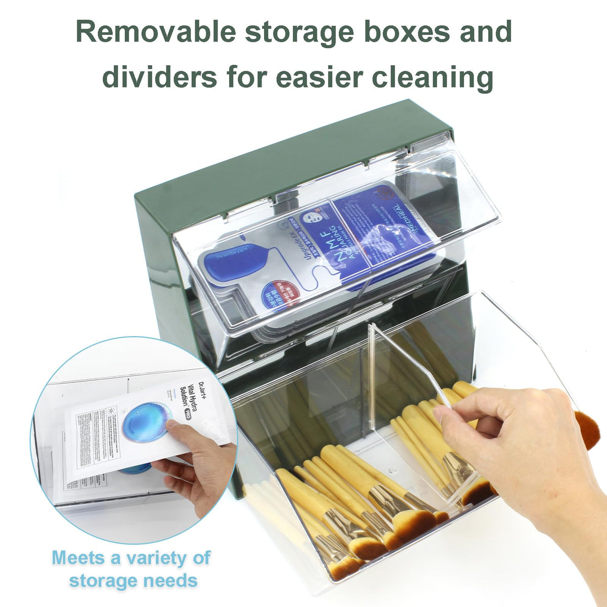 K Cup Holder Plastic Organizer for coffee pod with Lid Large Capacity Countertop Versatile Desk Storage Station for Capsule Creamer Suger Tea Bag Face Mask Green