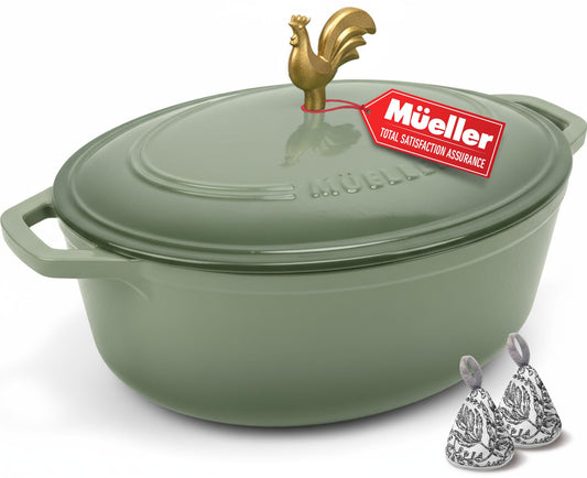 5.5 Quart Enameled Cast Iron Oval Dutch Oven w Rooster Knob & Cotton Potholders