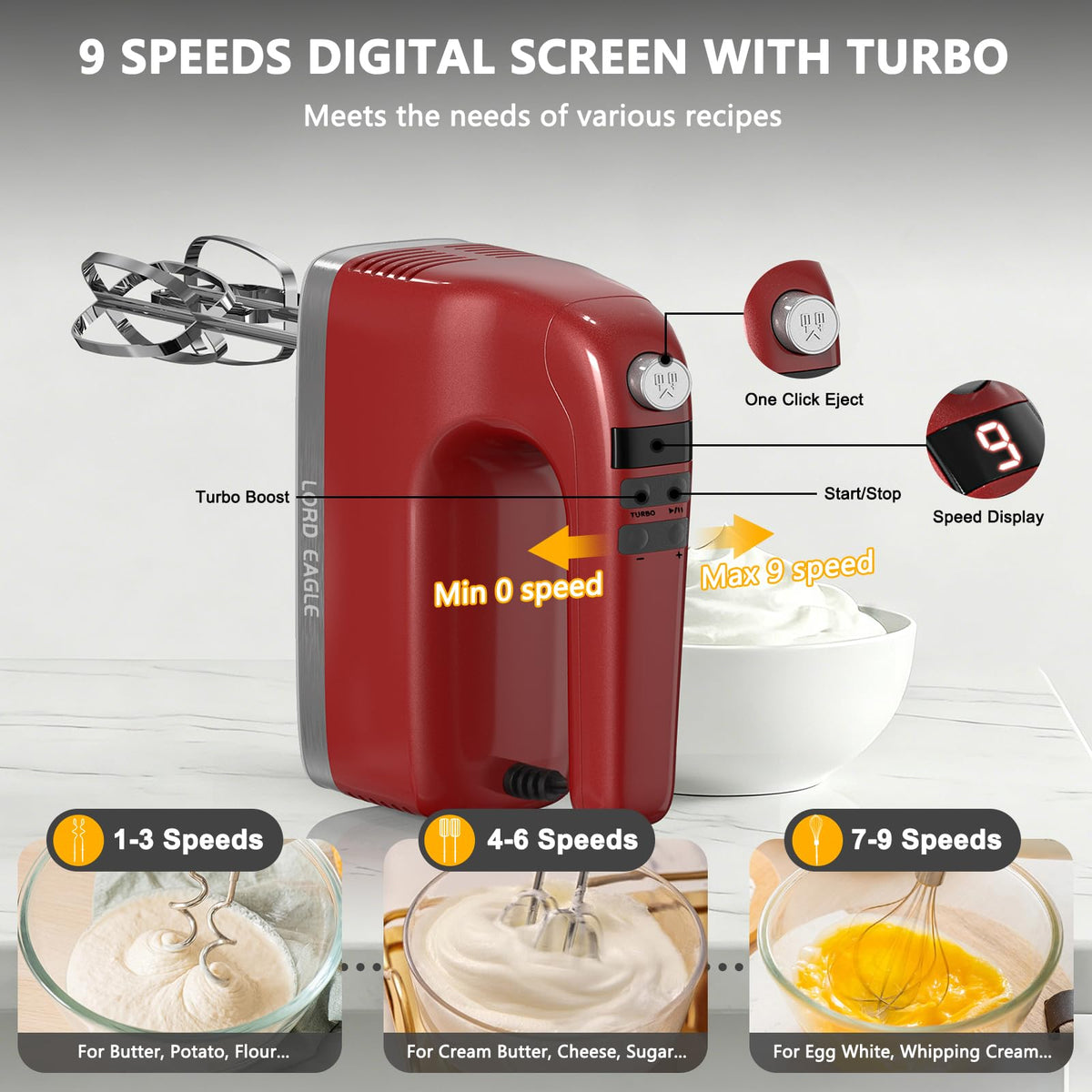 9 Speed Digital Hand Mixer Electric Handheld