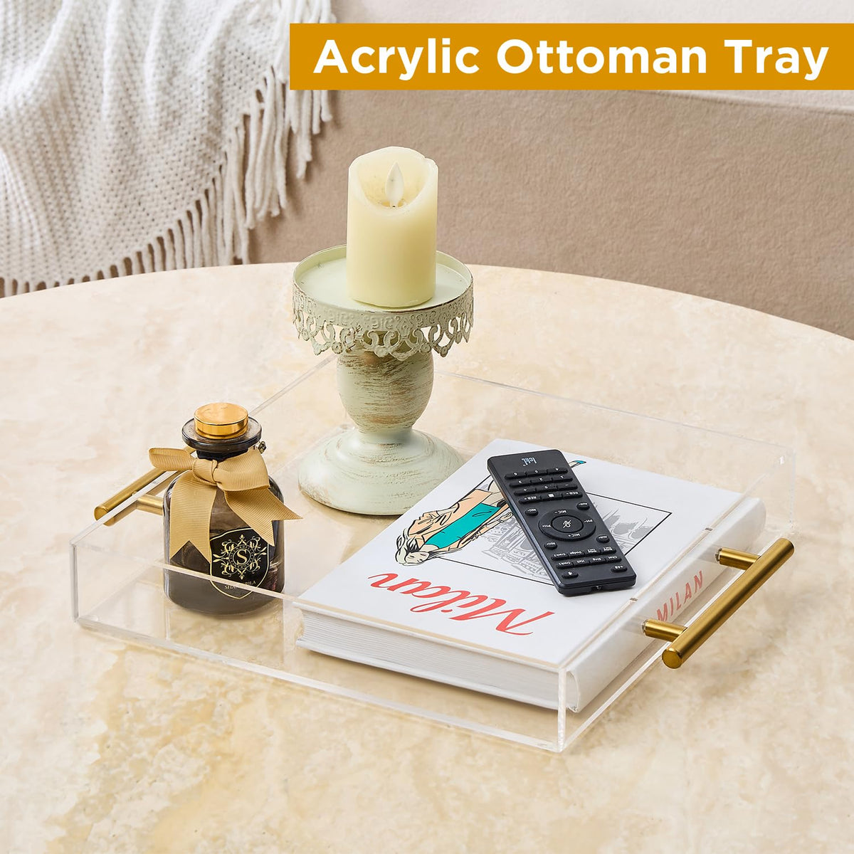 12"x12" Clear Acrylic Serving Tray with Golden Handles