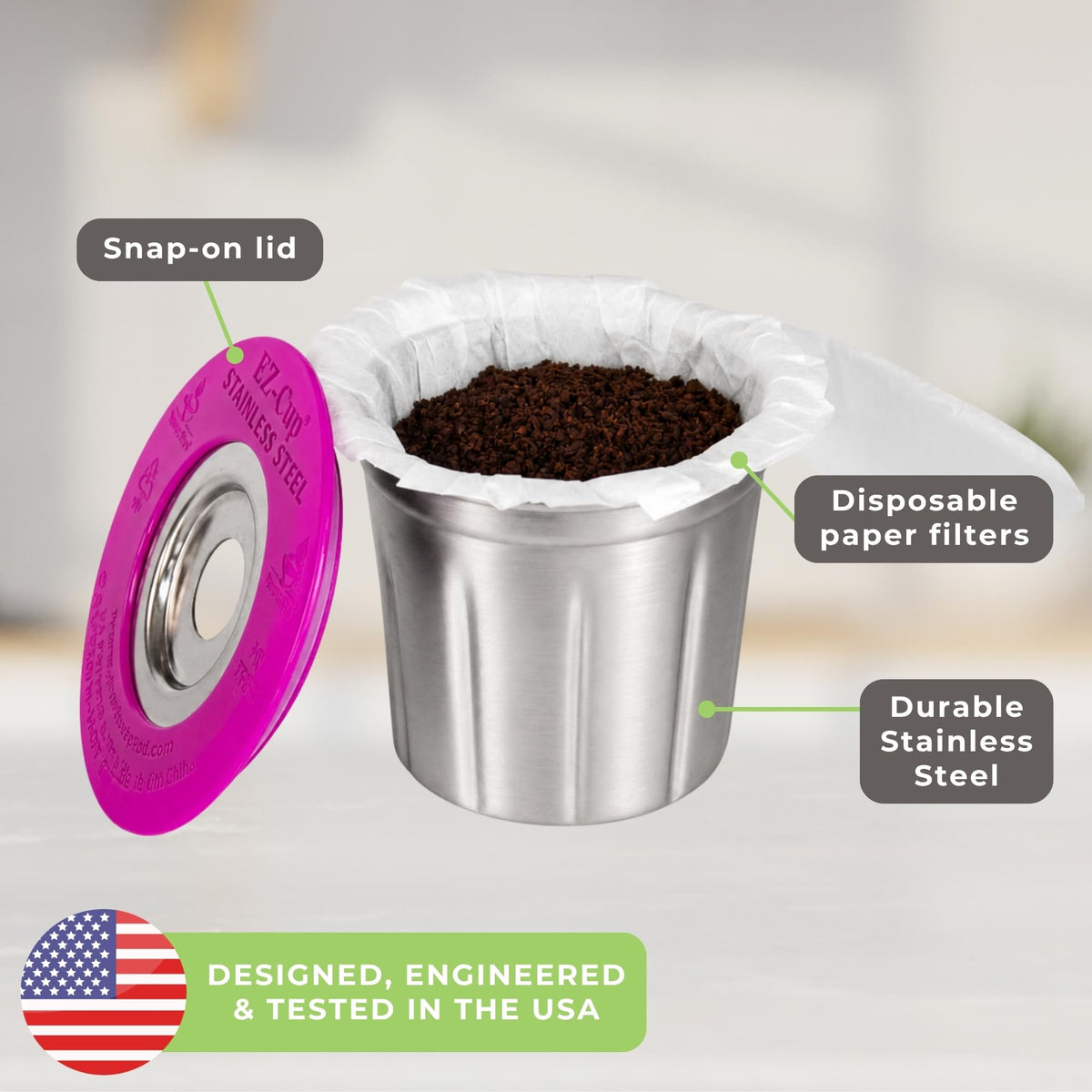 EZ Cup Stainless Steel Reusable Coffee Pod with 25 Filters