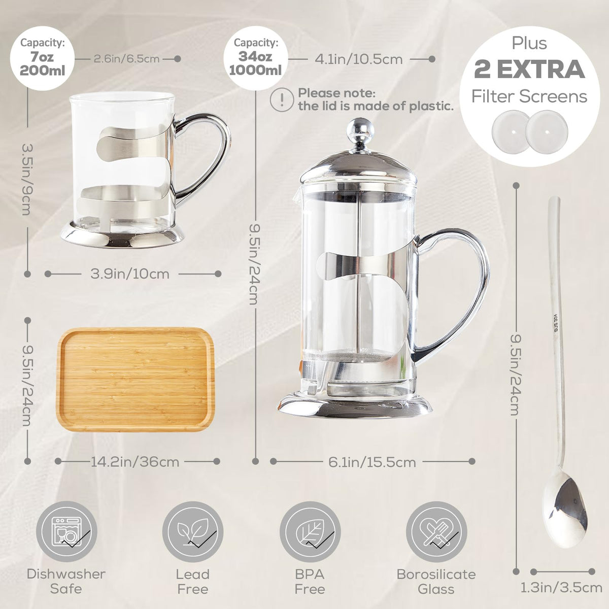 Silver French Press Set with 6 Cups & Tray