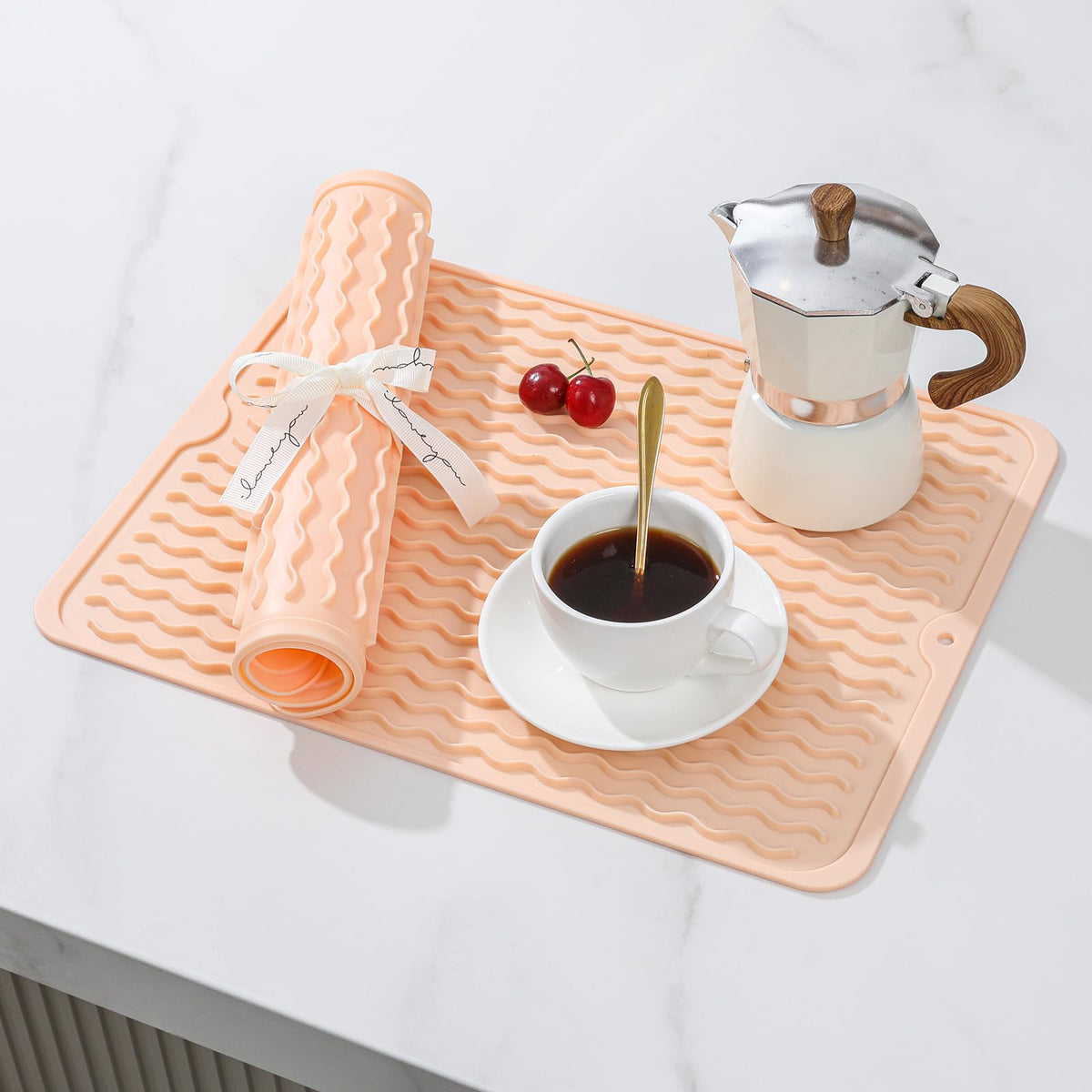 2 Pack Silicone Dish Drying Mat for Kitchen Counter Waterproof Place mats Sink Protector Stove Top Organizer Appliance Storage Vanity Trays Dryer Rack Drainers Items 15"x11.5" Beige