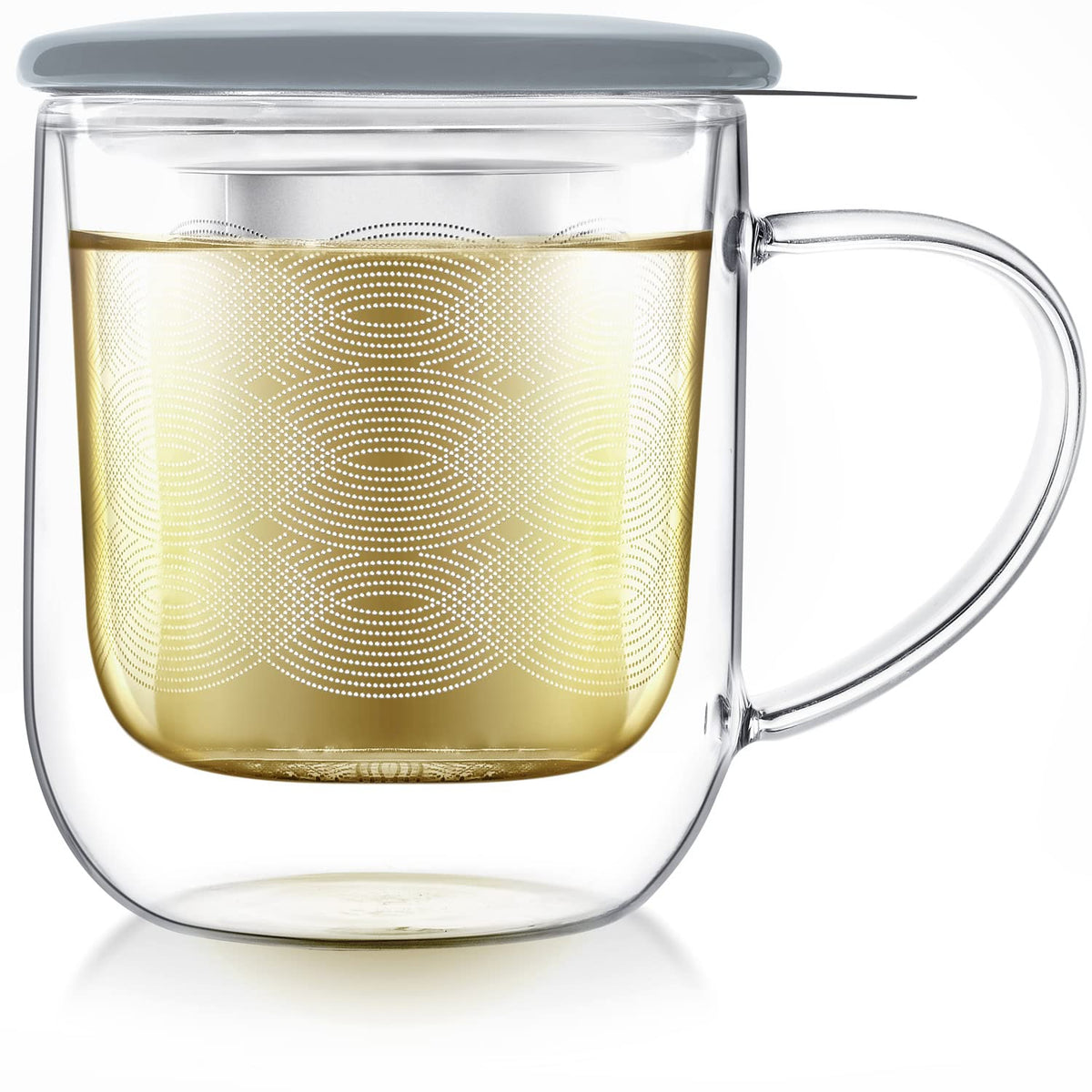 Tea-For-One Steeping Mug – Insulated Double Wall Glass Mug (12 oz), Stainless Steel Infuser, Porcelain Lid/Coaster – Great For Brewing Loose Leaf Tea