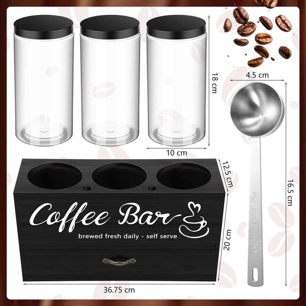 3 Pcs Coffee Bar Containers Set Include Coffee Sugar Container with Lid and Spoon and Double Layer Storage Box with Drawer for Bar Kitchen Countertop (6 Count)