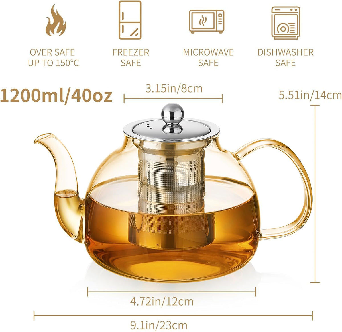 40OZ (1200ML) Glass Teapot with Infuser Stovetop Safe, Clear Glass Tea Pot Kettle, Borosilicate Tea Pot with Infusers Filter for Loose Tea, Tea Kettle Dishwasher Safe (Champagne)