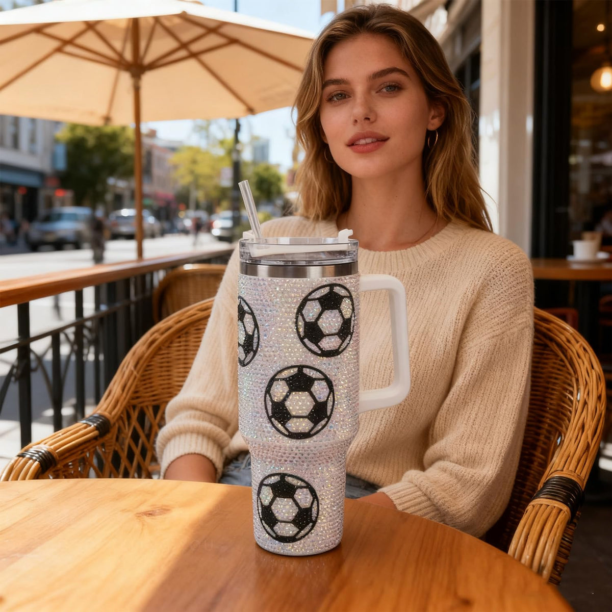 40 oz Bling Rhinestone Tumbler with Handle and Straw Soccer Cup