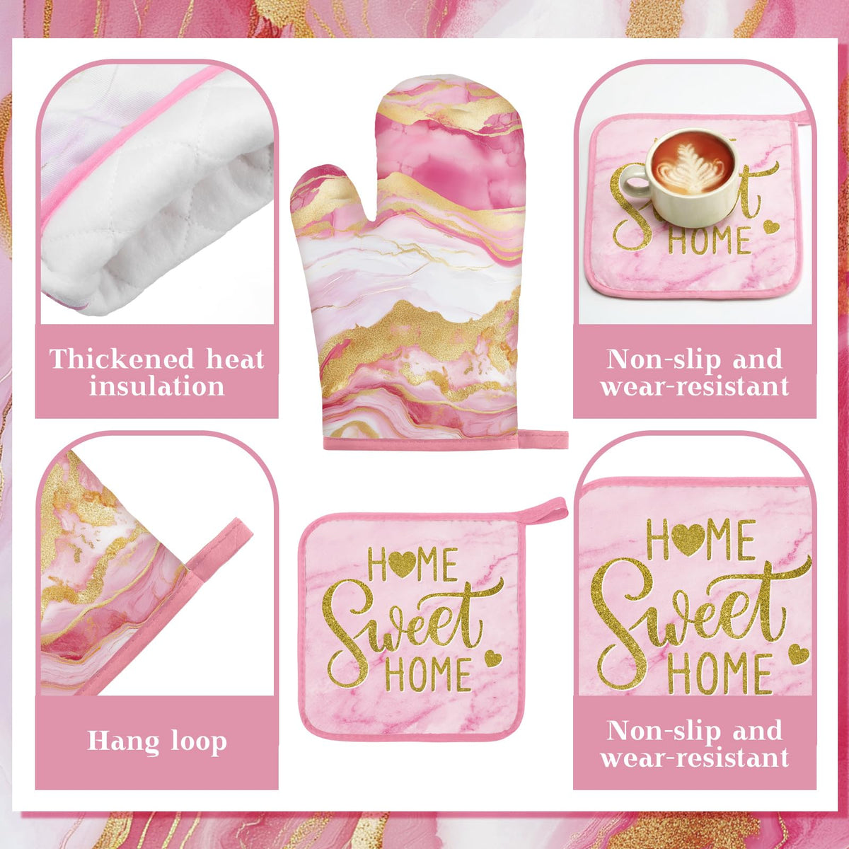 16 Pcs Pink Marble Kitchen Decor Set 4 Marble Kitchen Towels 2 Non Slip Rugs and Mats for Floor 2 Pink Oven Mitts Gloves 2 Pot Holders 4 Placemats 2 Gold Curtains for Home Decoration Gift (16 Count)