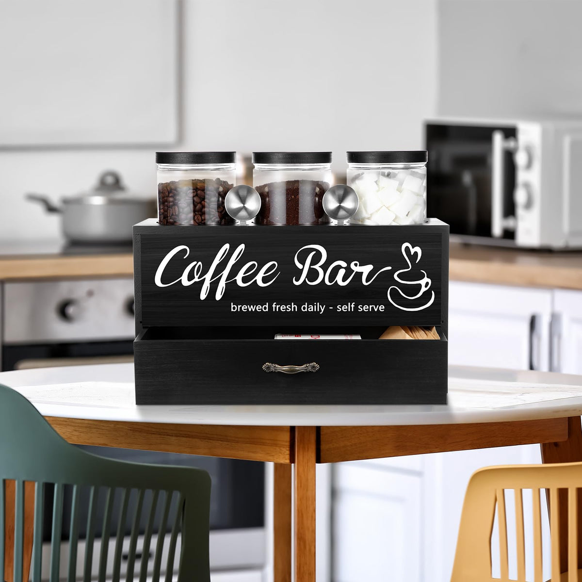 3 Pcs Coffee Bar Containers Set Include Coffee Sugar Container with Lid and Spoon and Double Layer Storage Box with Drawer for Bar Kitchen Countertop (6 Count)