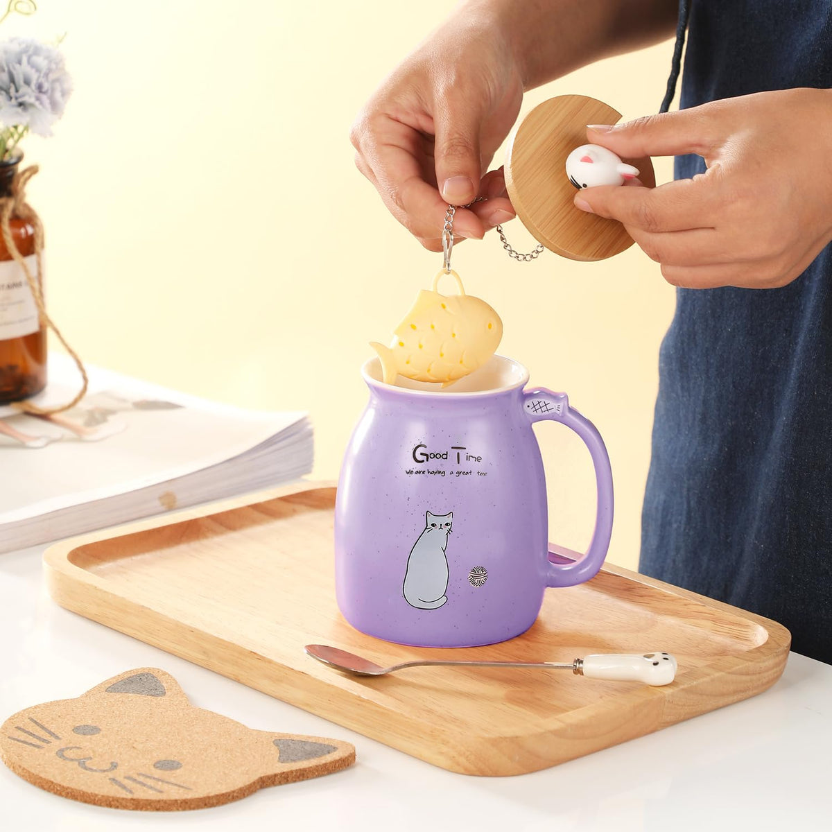 Cat Mug Kawaii Tea Cup with Infuser and Lid Purple Cat Ceramic Coffee Mug Cute Cool Preppy Stuff Birthday Gifts for Mom Gifts for Women Girlfriend Girls Cat Lover Gifts
