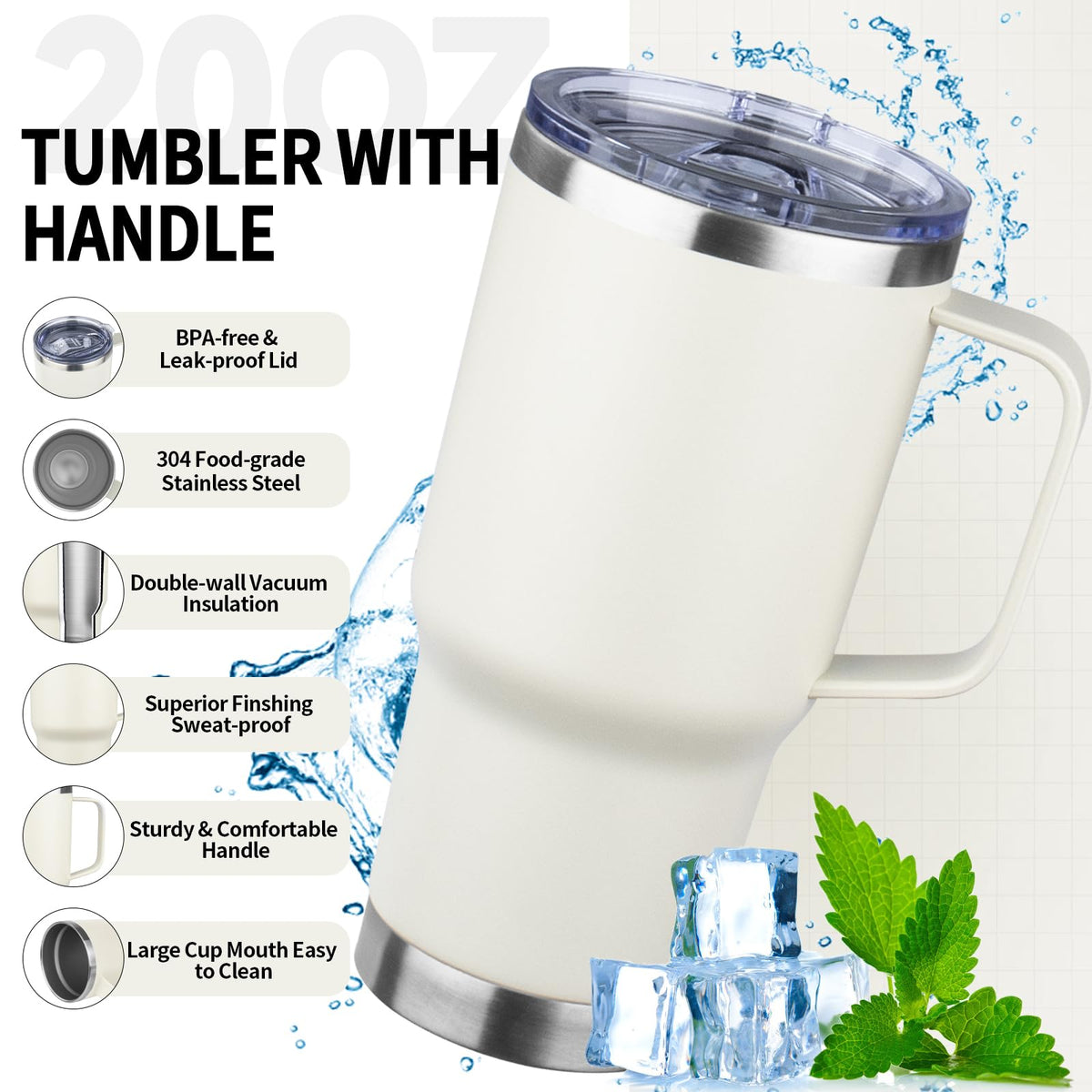 20oz Insulated Tumbler with Handle Stainless Steel Travel Coffee Mug with Lid and Straw Double Wall Vacuum Leak (4 Count)