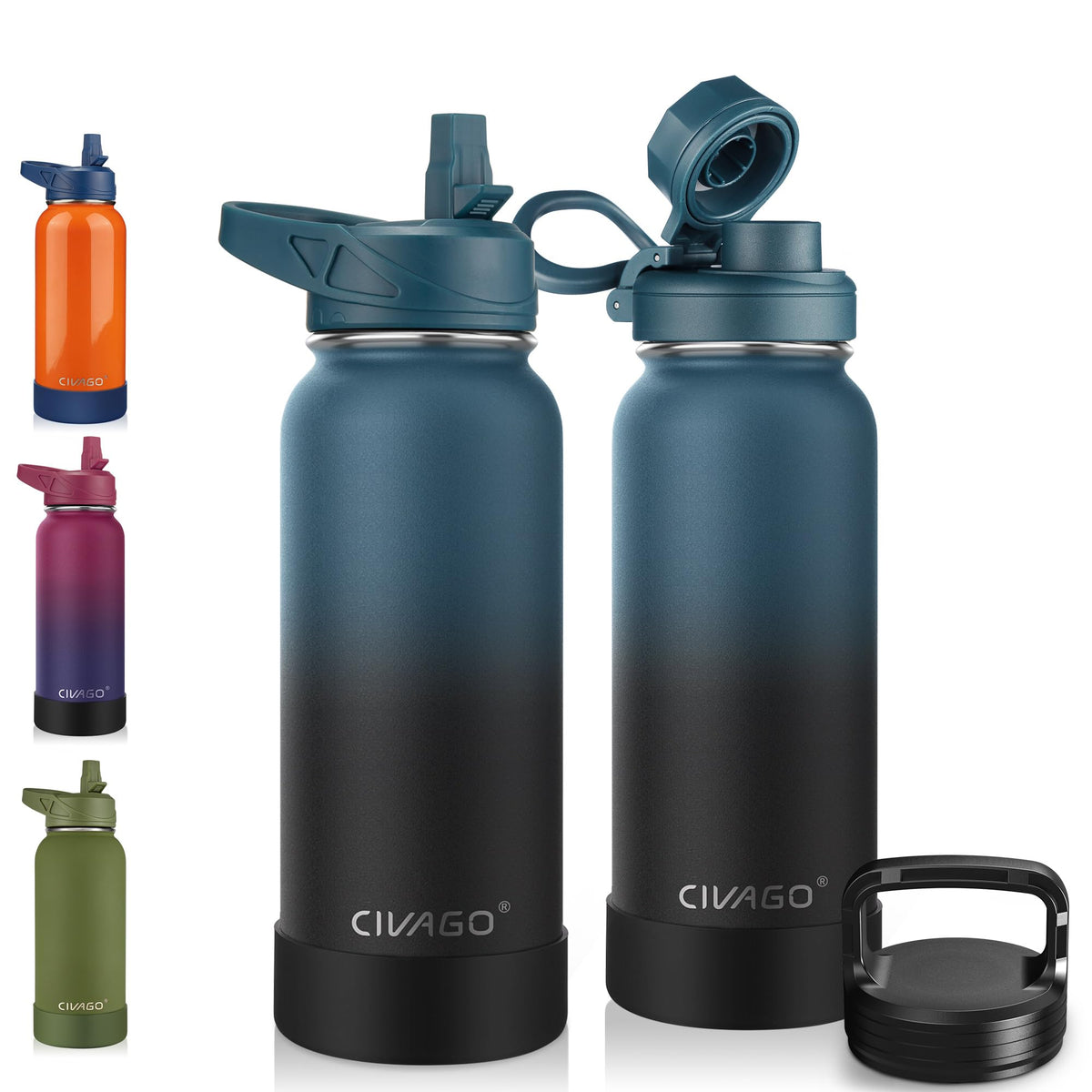 32 oz Insulated Stainless Steel Water Bottle With Straw and 3 Lids