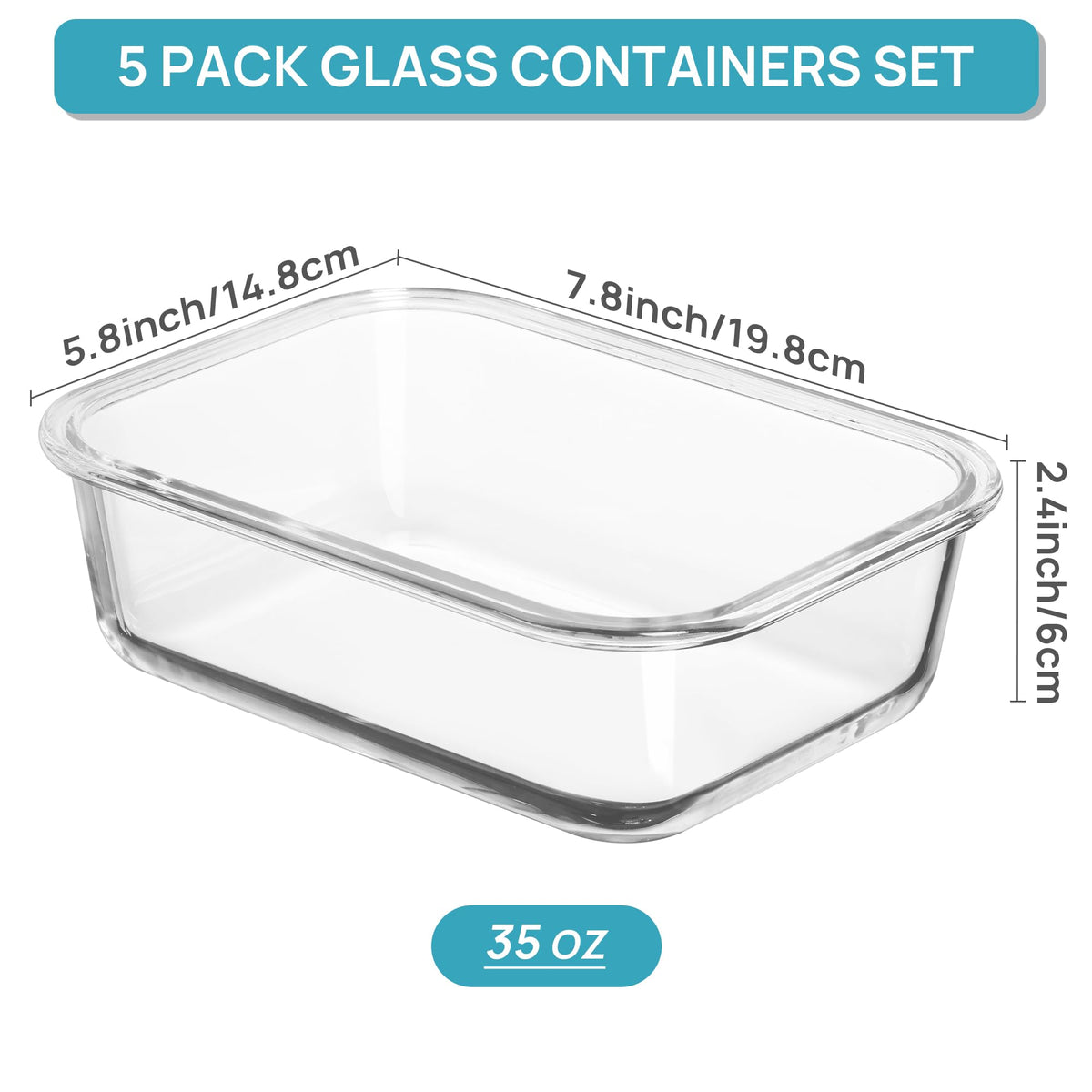 5 Pack 35oz Glass Food Storage Containers with Lids (5 Count)