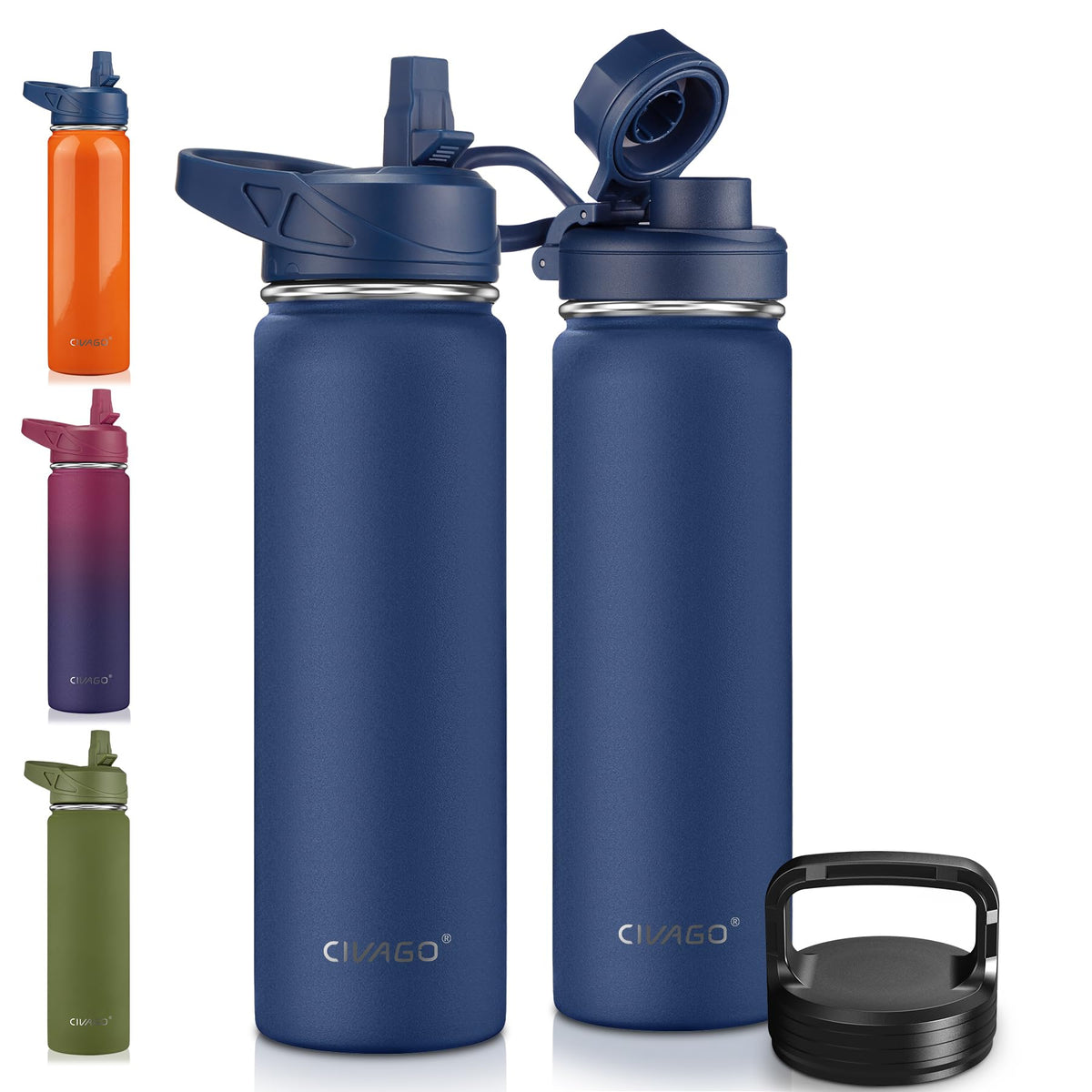22 oz Insulated Stainless Steel Water Bottle With Straw and 3 Lids