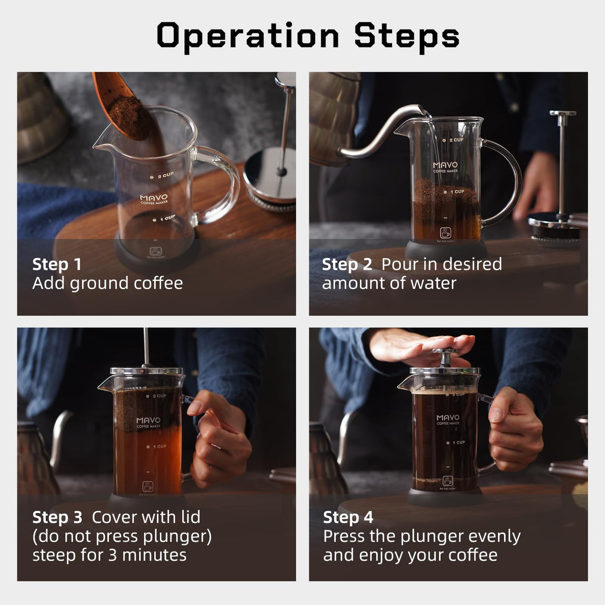 French Press Coffee Maker Stainless Steel Cold Brew Heat Resistant Glass Coffee & Tea Maker with 2 Filter