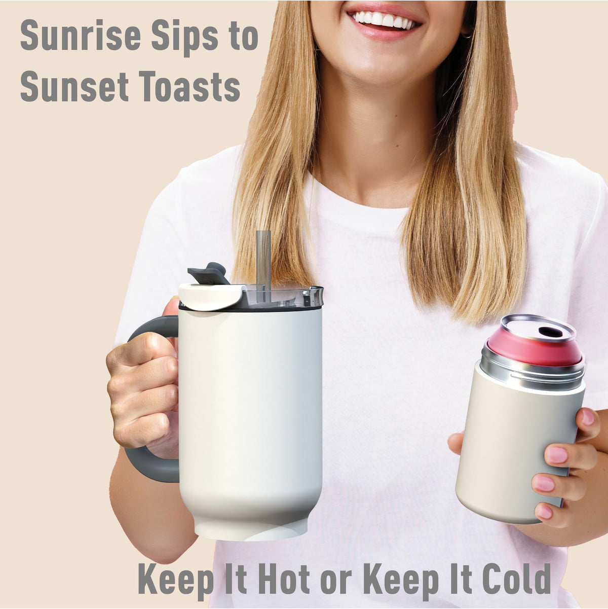 DUPLEX 2-in-1 Travel Mug and Beer Can Holder Enjoy hot and cold drinks simultaneously -22 oz Hot Coffee or Tea Tumbler with Attached 12 oz Cold Can Holder for Beer or Soda, white