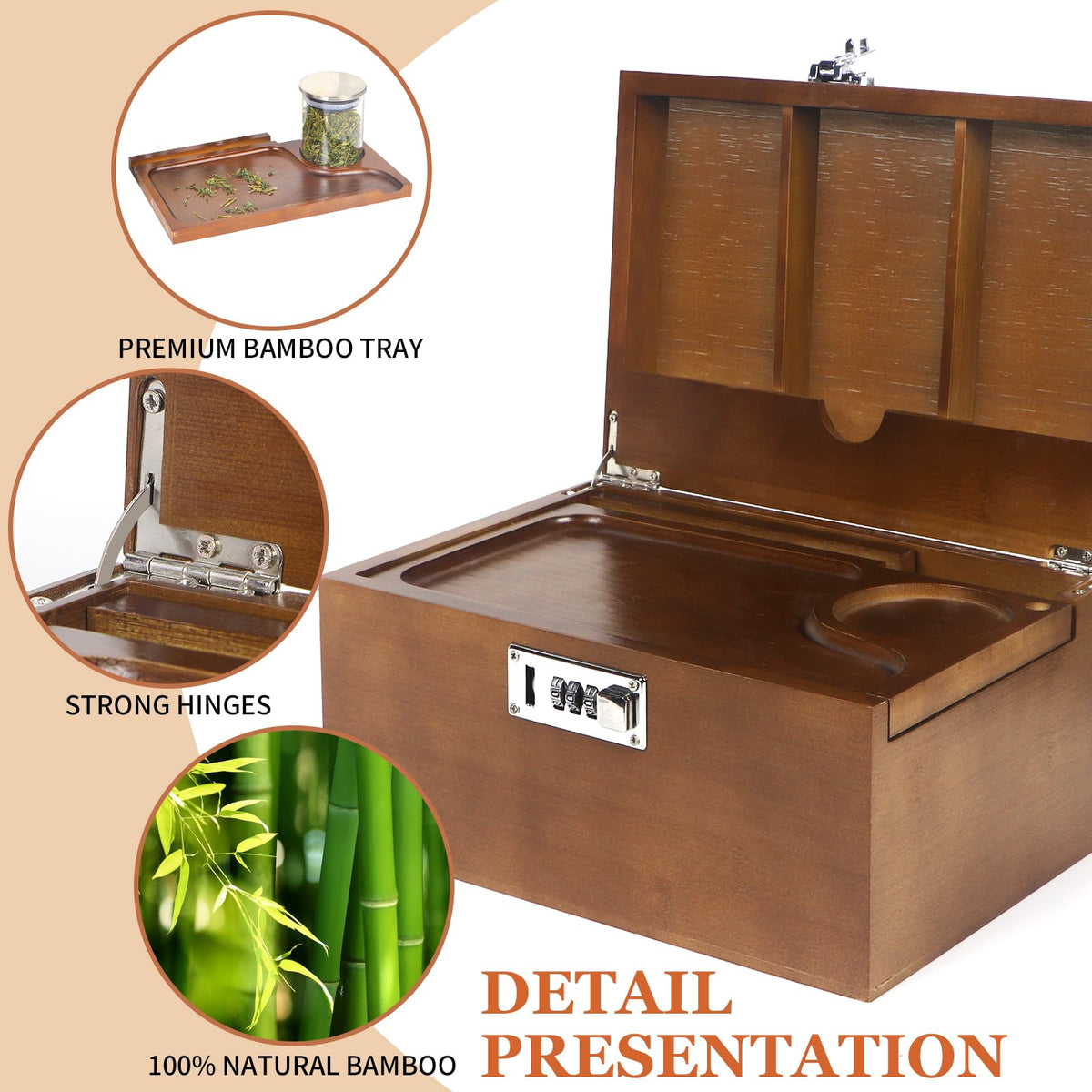 Large Brown Bamboo Box with Combination Lock (3 Count)