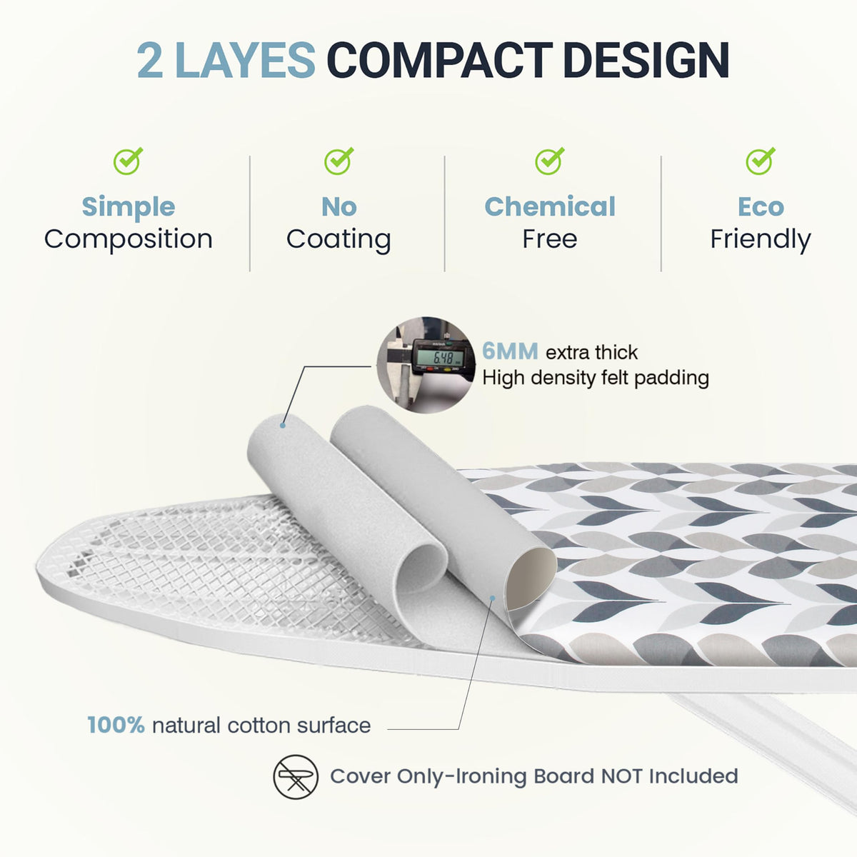 Ironing Board Cover and Pad 18"x49" Extra Thick Natural Cotton