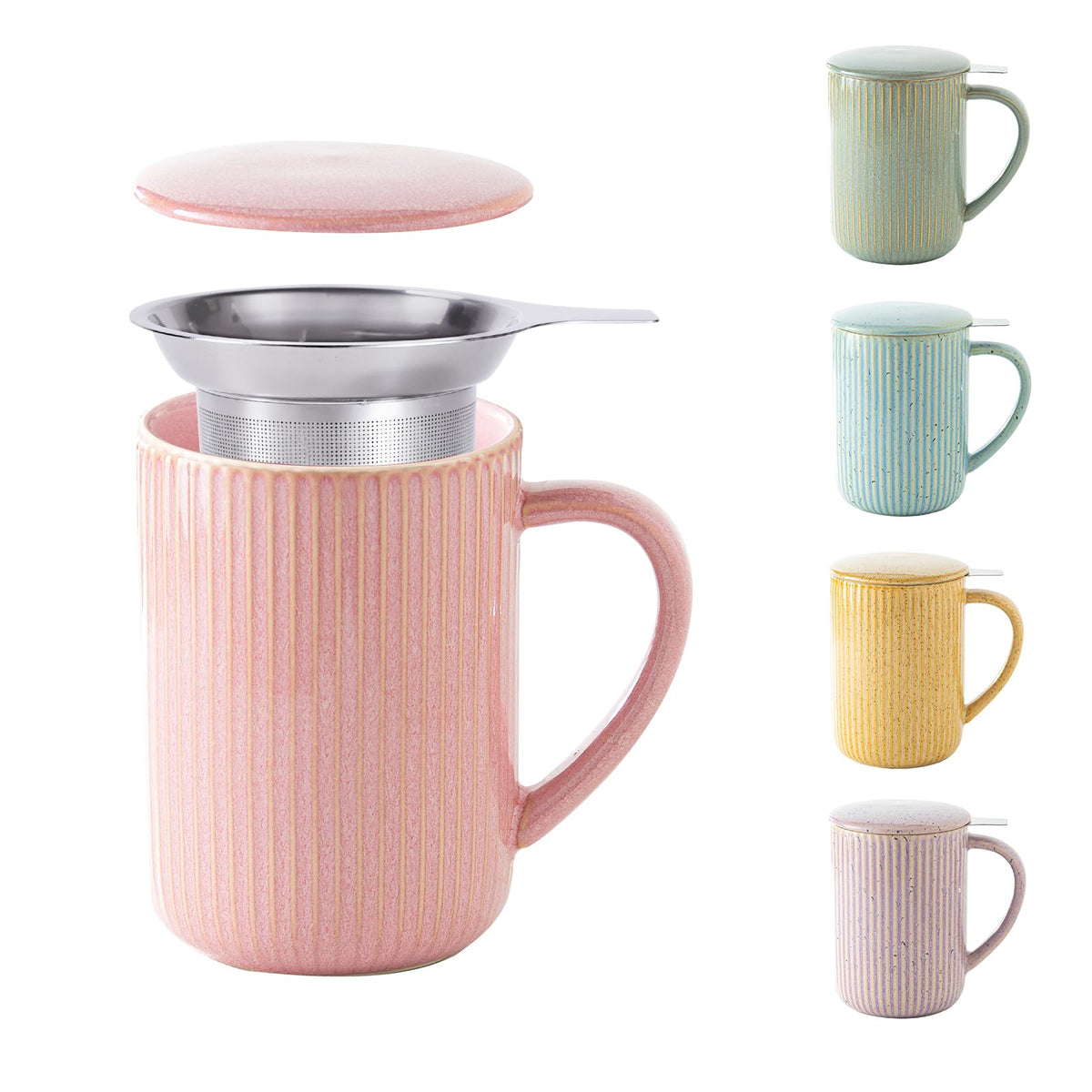 15.5oz 470ml Flambe Pink Ceramics Teacups with Infuser and Lid