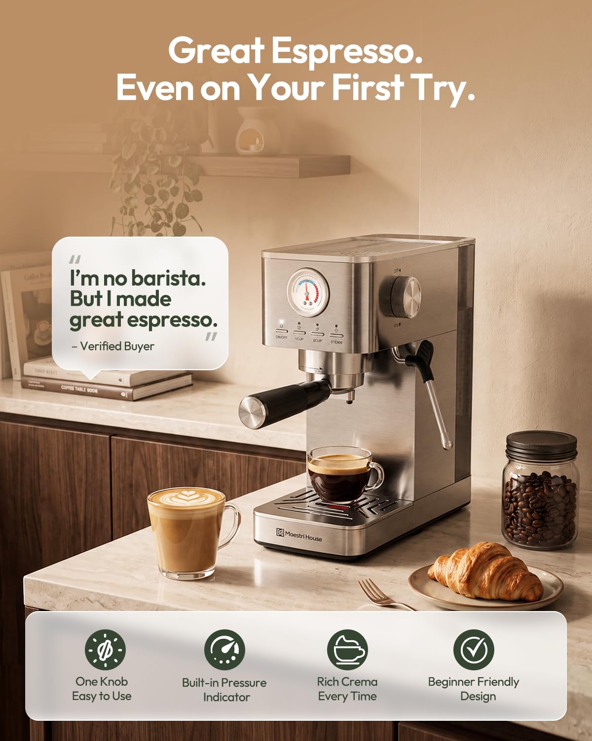 Slim Espresso Machine with Milk Frother
