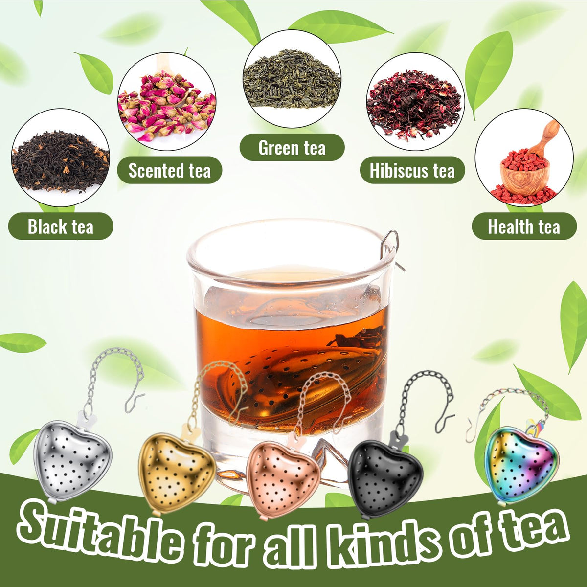 50 Pcs Stainless Steel Tea Strainer Ball Infuser Loose Leaf Steeper Interval Diffuser Heart Shape Mesh Filters with Extended Chain Hook for tea party Seasonings Cup Bottle (50 Count)