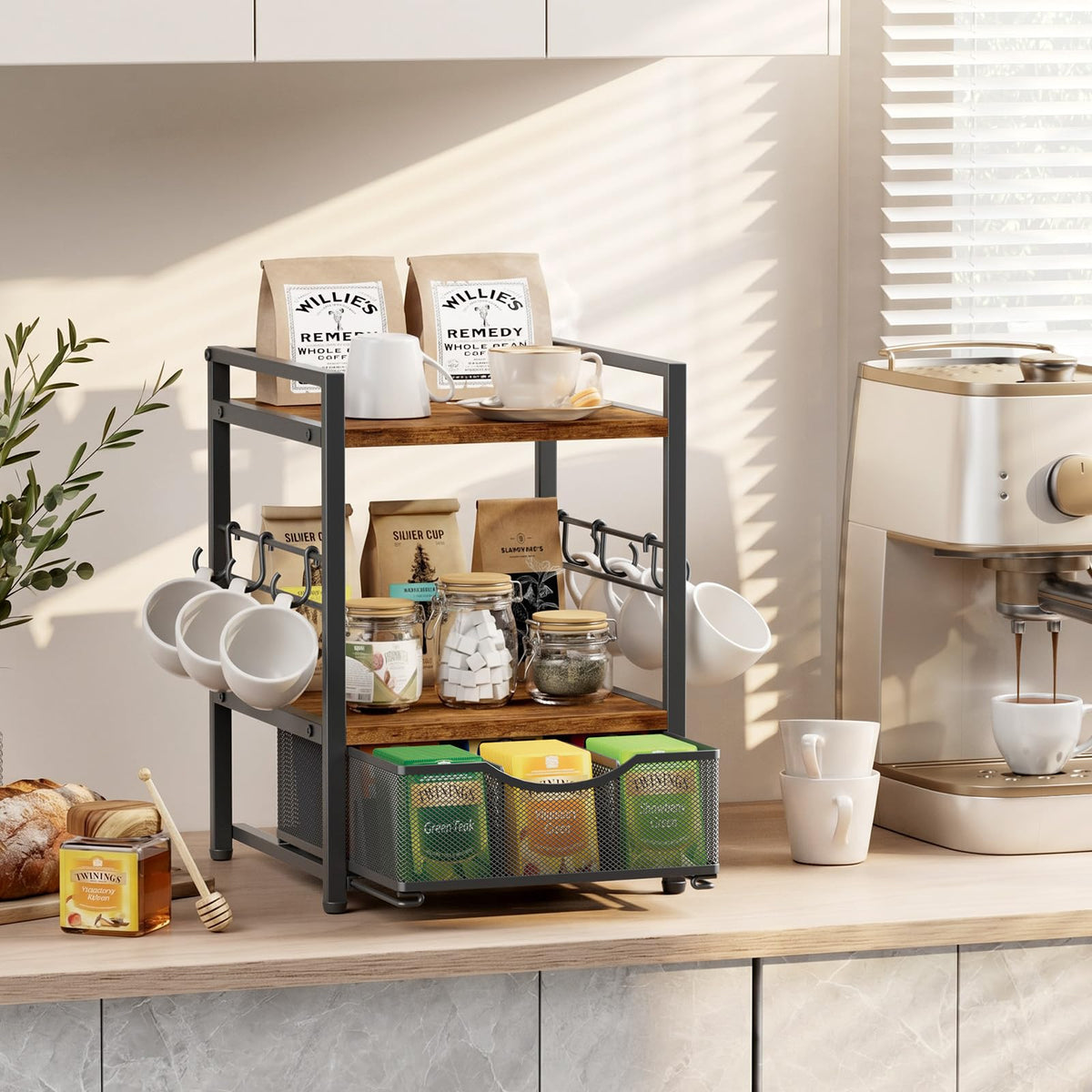 3 Tier Tea Bag Organizer with Drawer for Countertop
