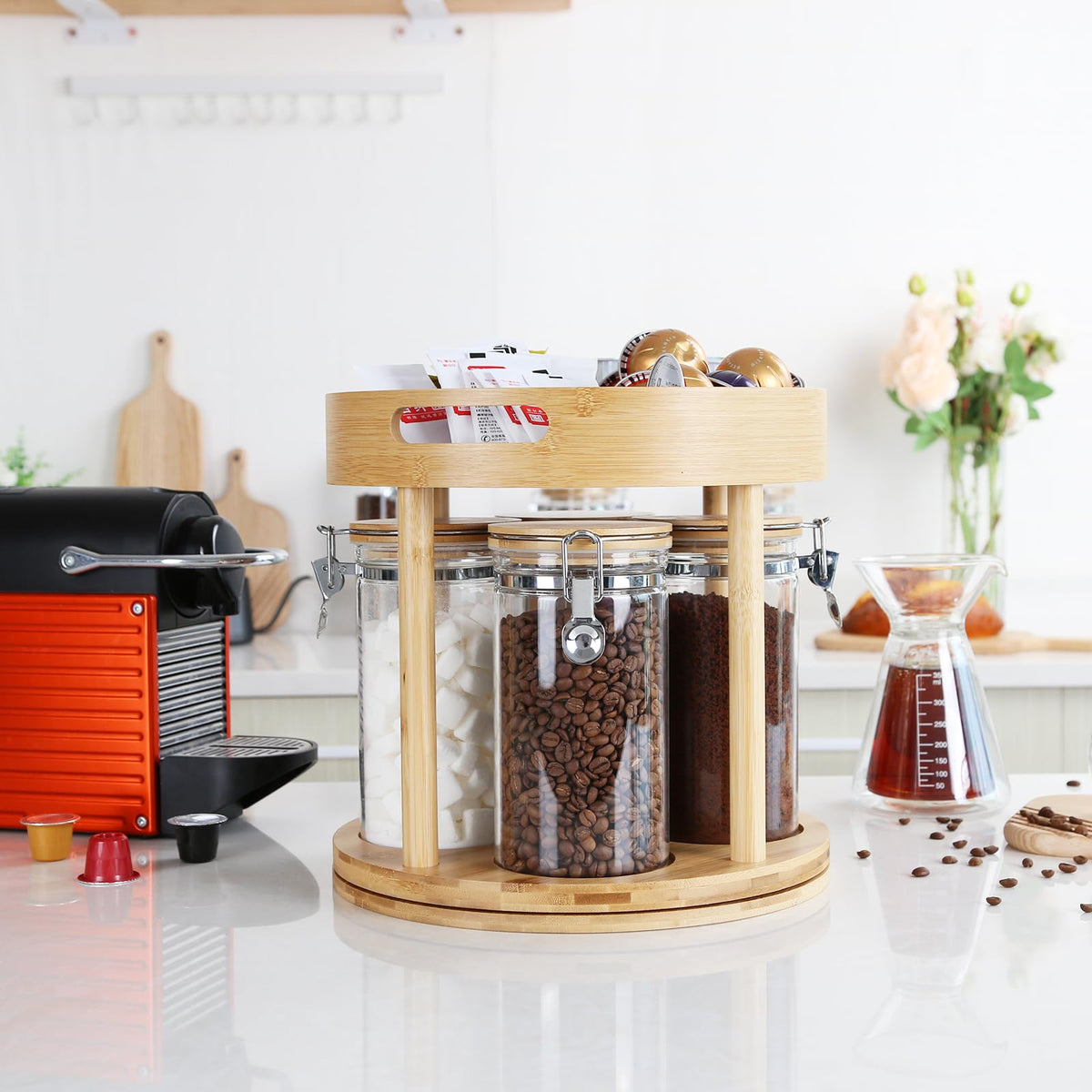 KKC 360° Rotating Tea Bar Organizer with 4 Glass Tea Storage Jars & Bamboo Lazy Susan