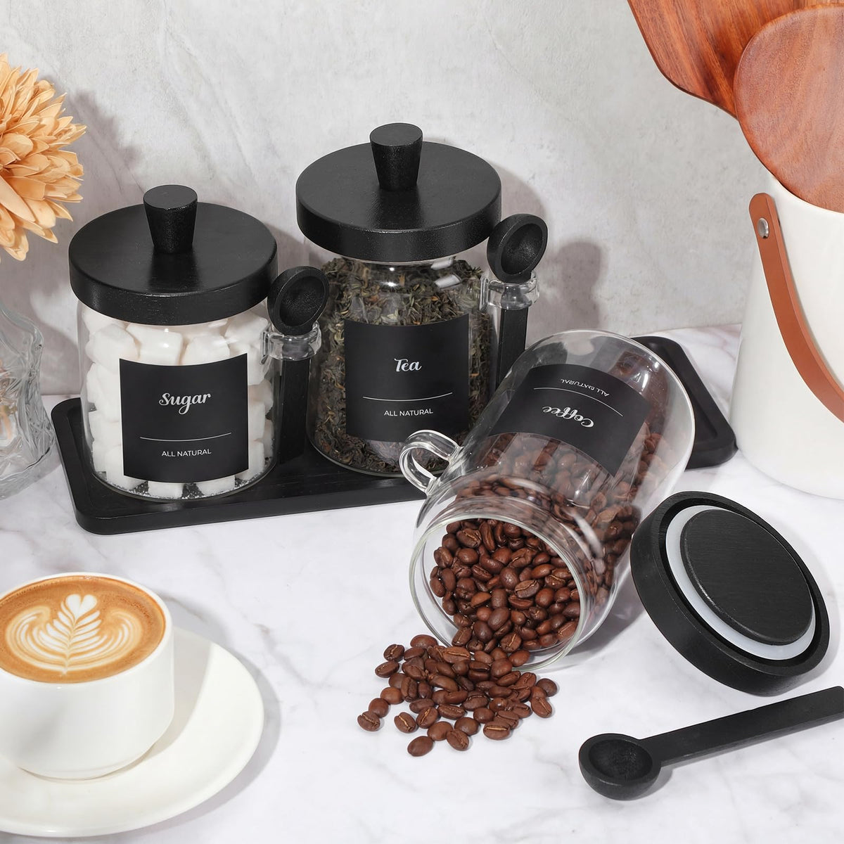 3 Pcs Glass Coffee Container with Wooden Lid Spoon Shelf Labels Clear Airtight Jar Food Storage Canister Set for Sugar Spice Coffee Bean Holder Housewarming Gift (3 Count)