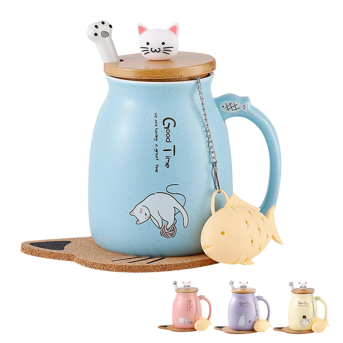 Cute Mugs Kawaii Cat Mug Ceramic Coffee Mug Tea Cup with Infuser and Lid Spoon Tea Mug Cute Cool Preppy Stuff Gifts for Women