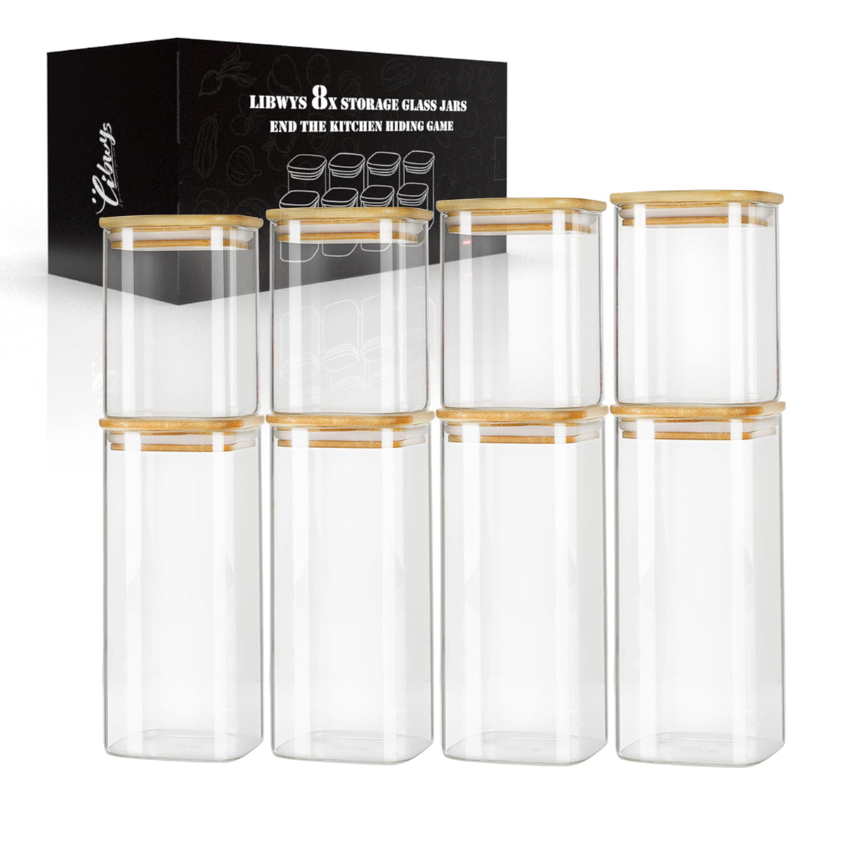 8 Pack Square Glass Storage Jars with Bamboo Lids (8 Count)