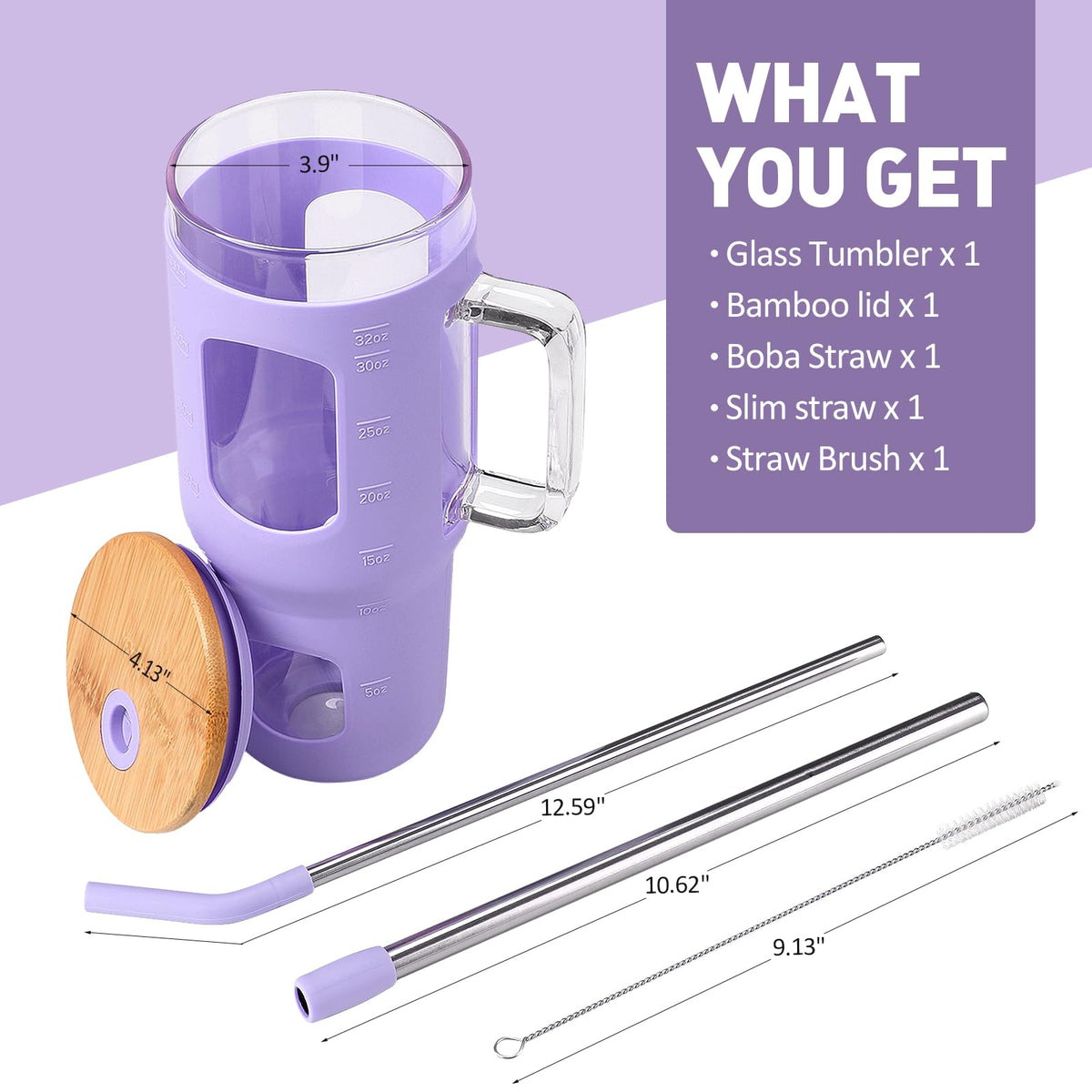 32 oz Glass Tumbler with Straw and Lid