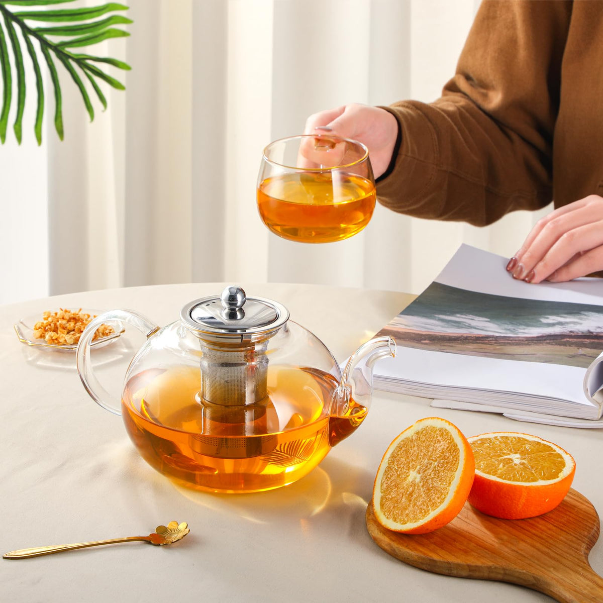 50OZ 1500ML Glass Teapot with Stainless Steel Removable Infuser & Lid