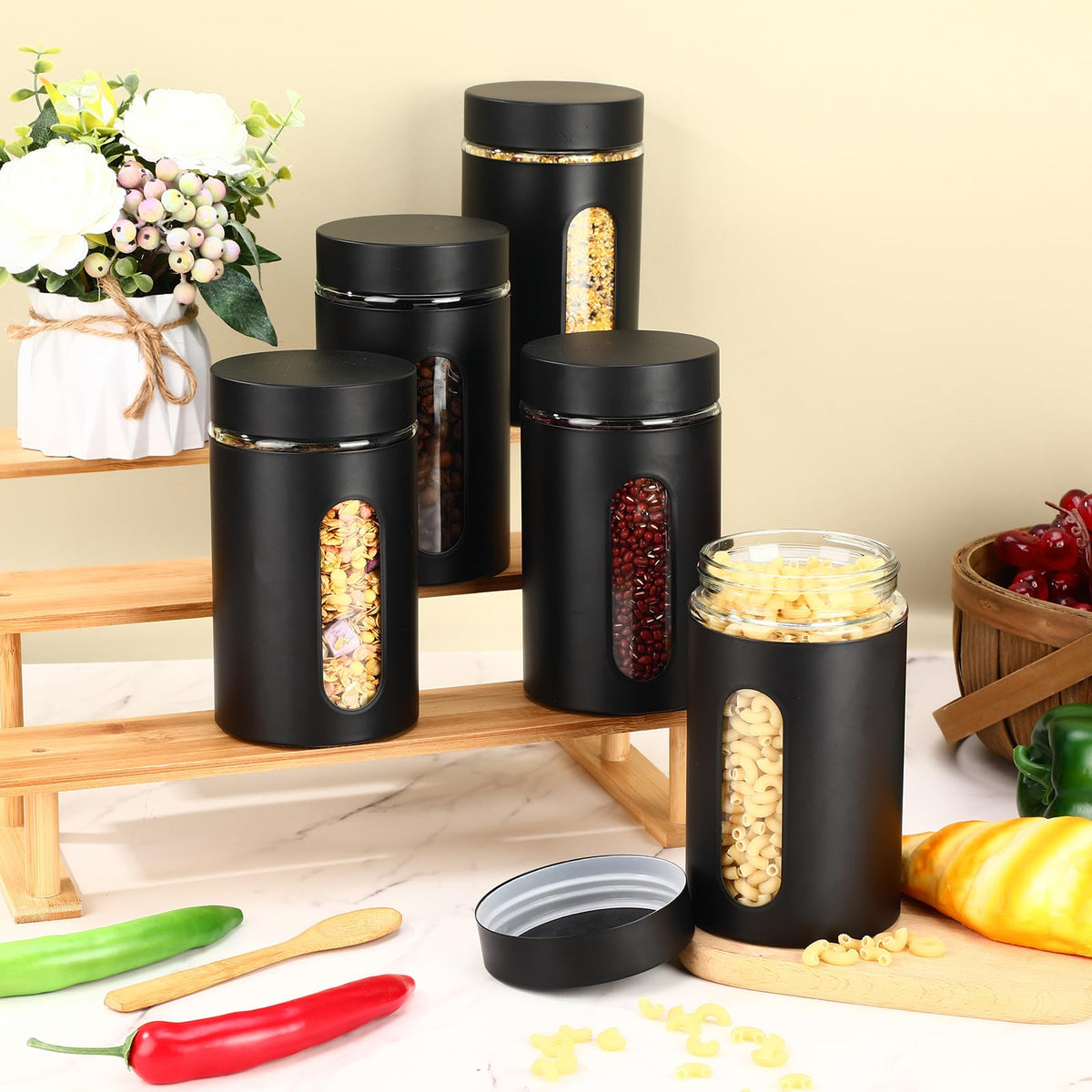 6 Pack Kitchen Canisters Set Airtight Stainless Steel Canister Food Storage Container with Window Glass (6 Count)