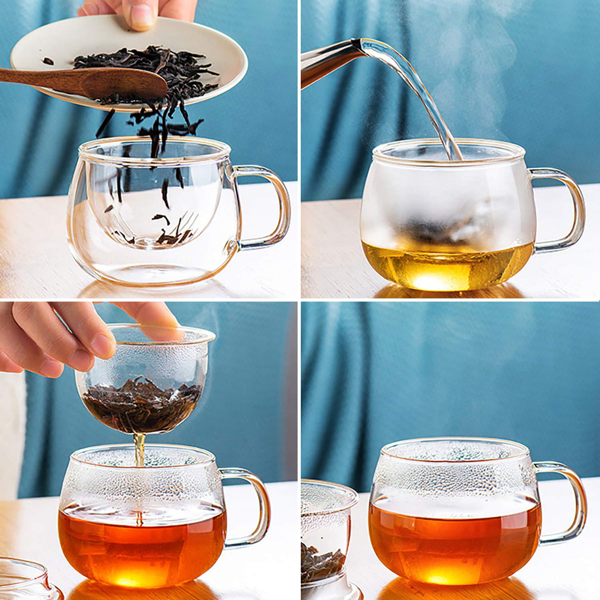 13oz Clear Glass Tea Infuser Cups wtih Filter Basket and Lid for Loose Leaf